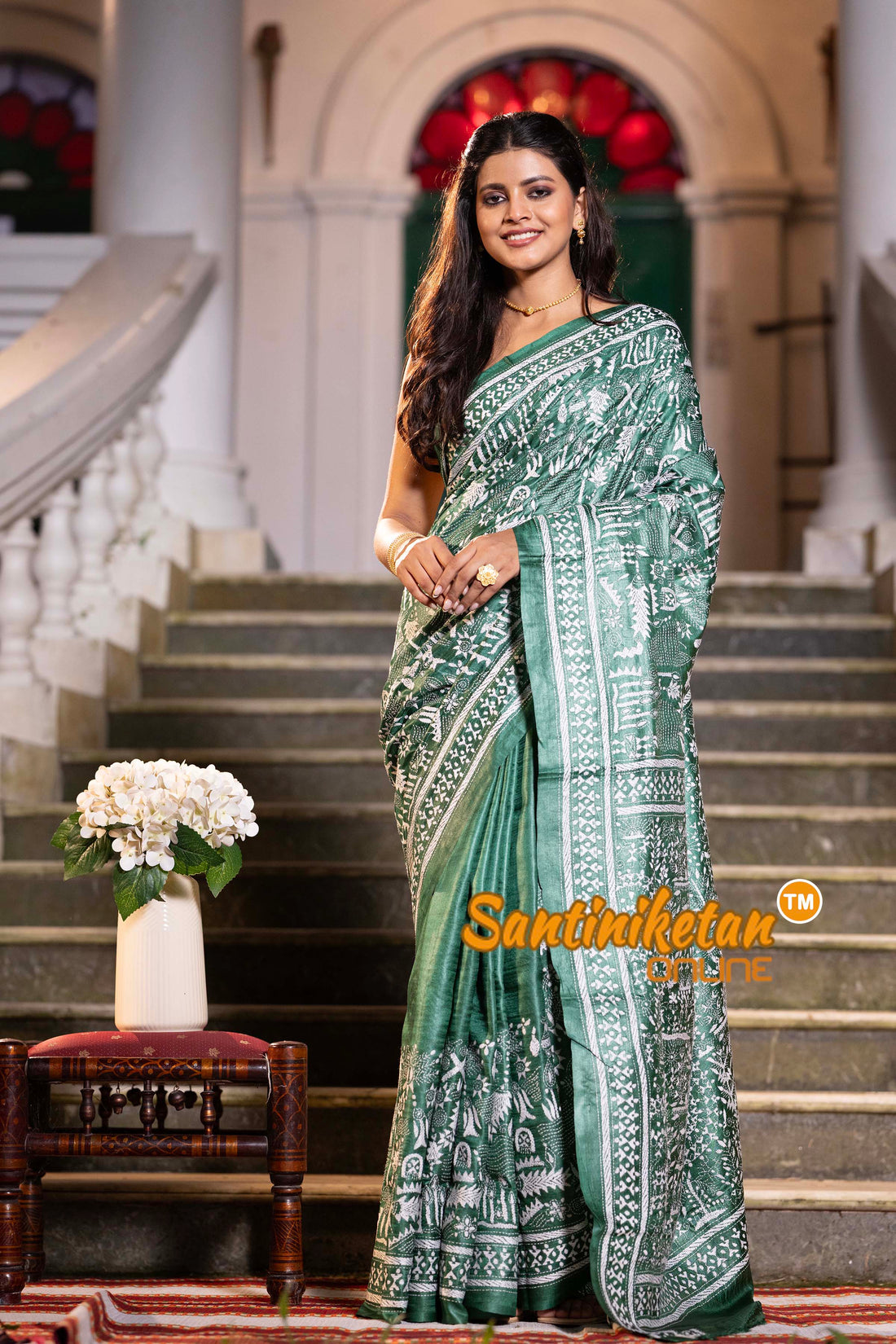 Green Dye Pure Gachi Tussar Silk Kantha Stitch Saree SN2631893
