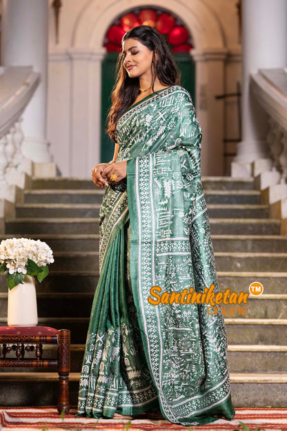 Green Dye Pure Gachi Tussar Silk Kantha Stitch Saree SN2631893