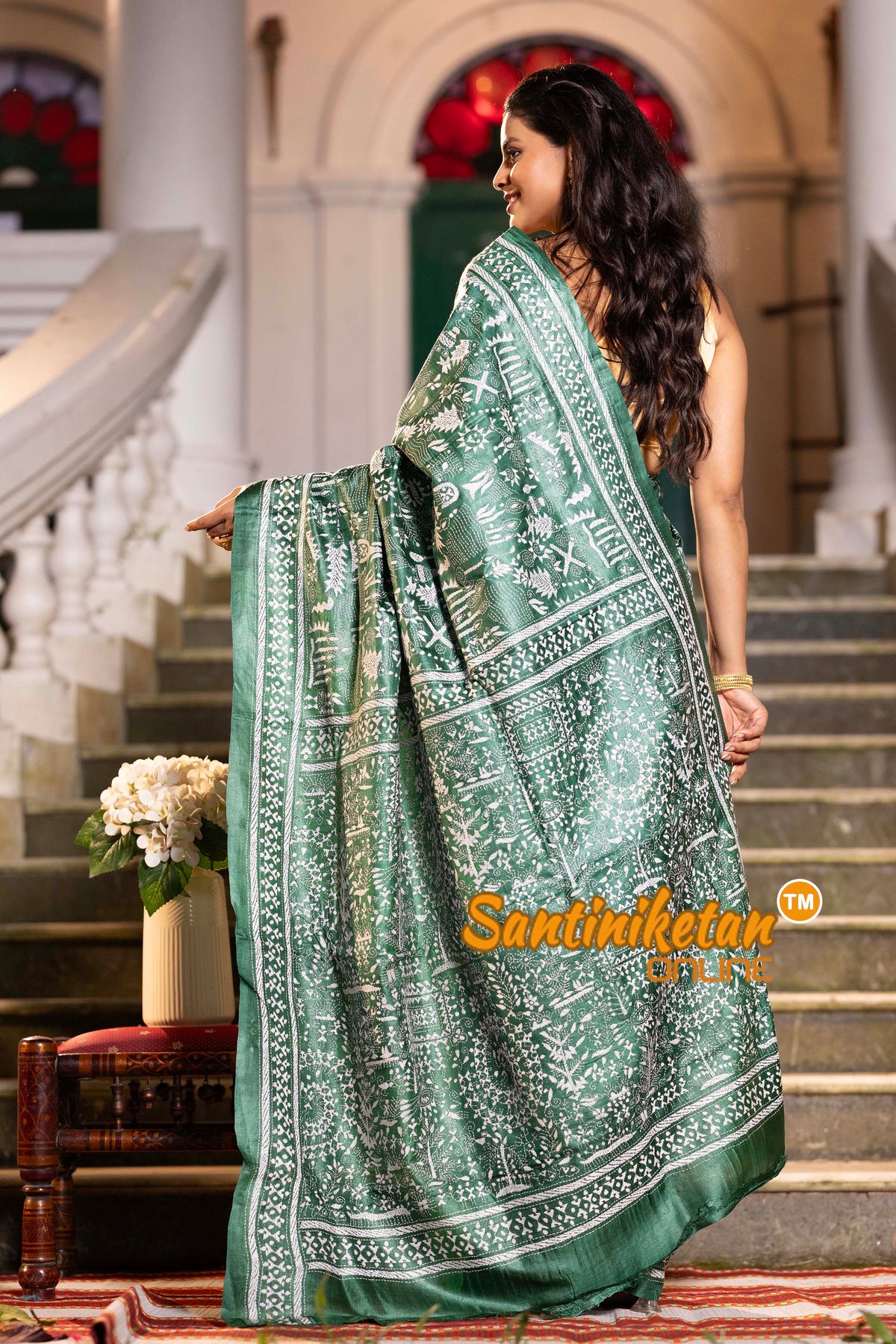 Green Dye Pure Gachi Tussar Silk Kantha Stitch Saree SN2631893