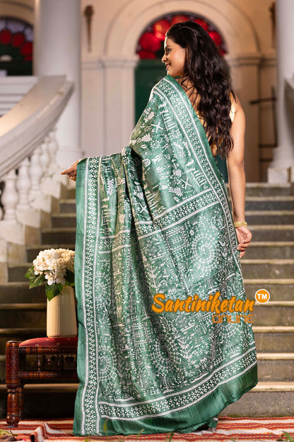Green Dye Pure Gachi Tussar Silk Kantha Stitch Saree SN2631893