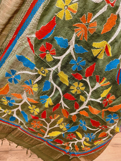 Zari Border Pure Tussar Kantha Stitch Dupatta SN26KD25