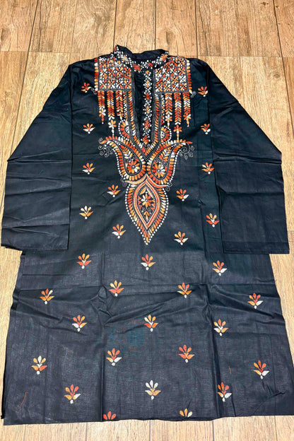 Black Pure Cotton with Kantha Work (Hand Embroidery) Panjabi