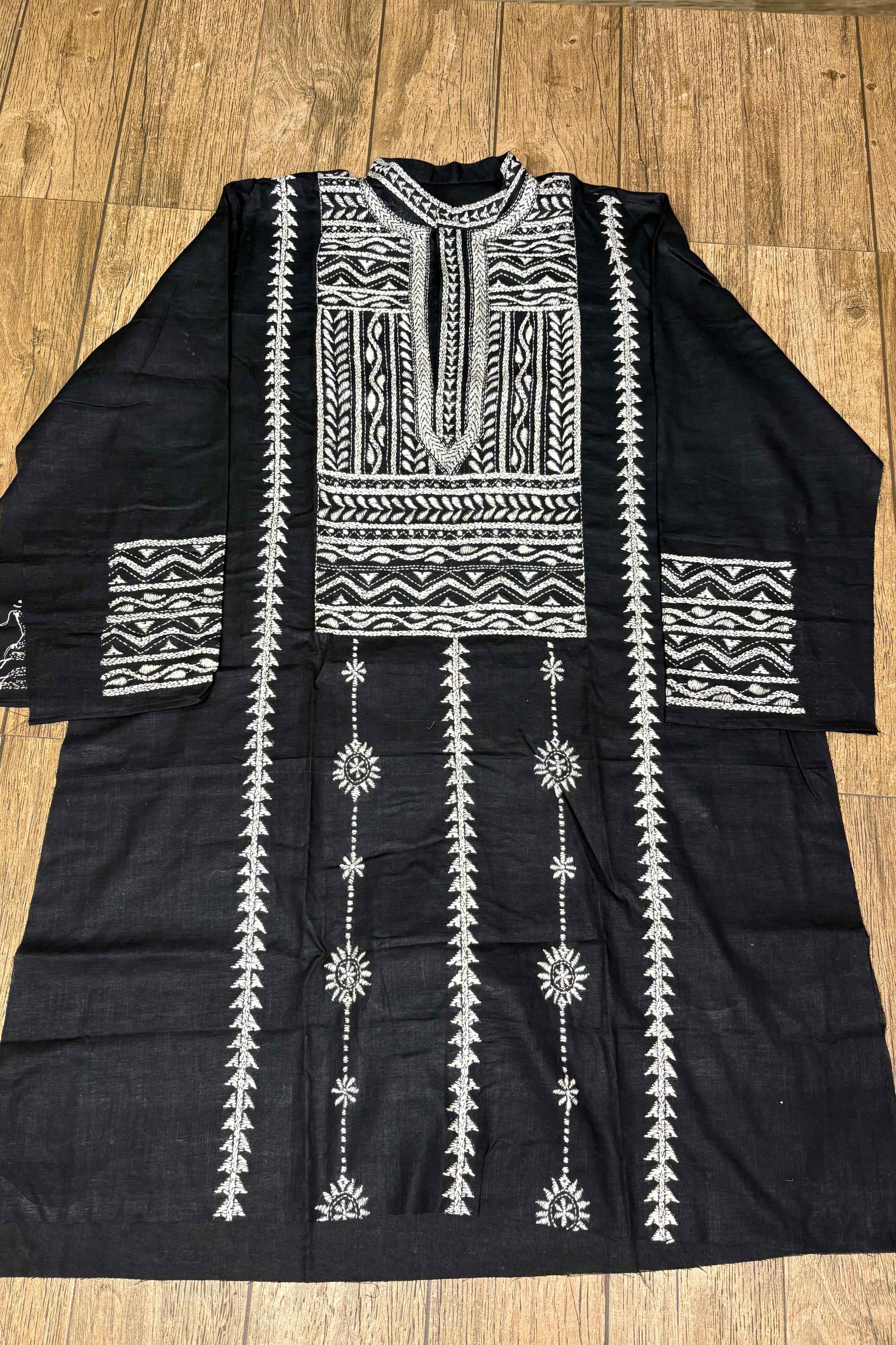 Black Pure Cotton with Kantha Work (Hand Embroidery) Panjabi