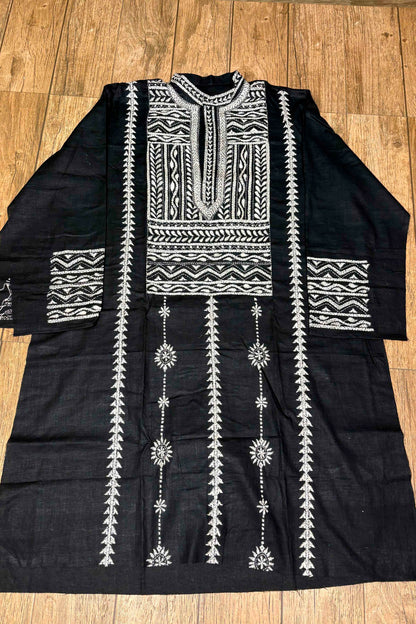Black Pure Cotton with Kantha Work (Hand Embroidery) Panjabi