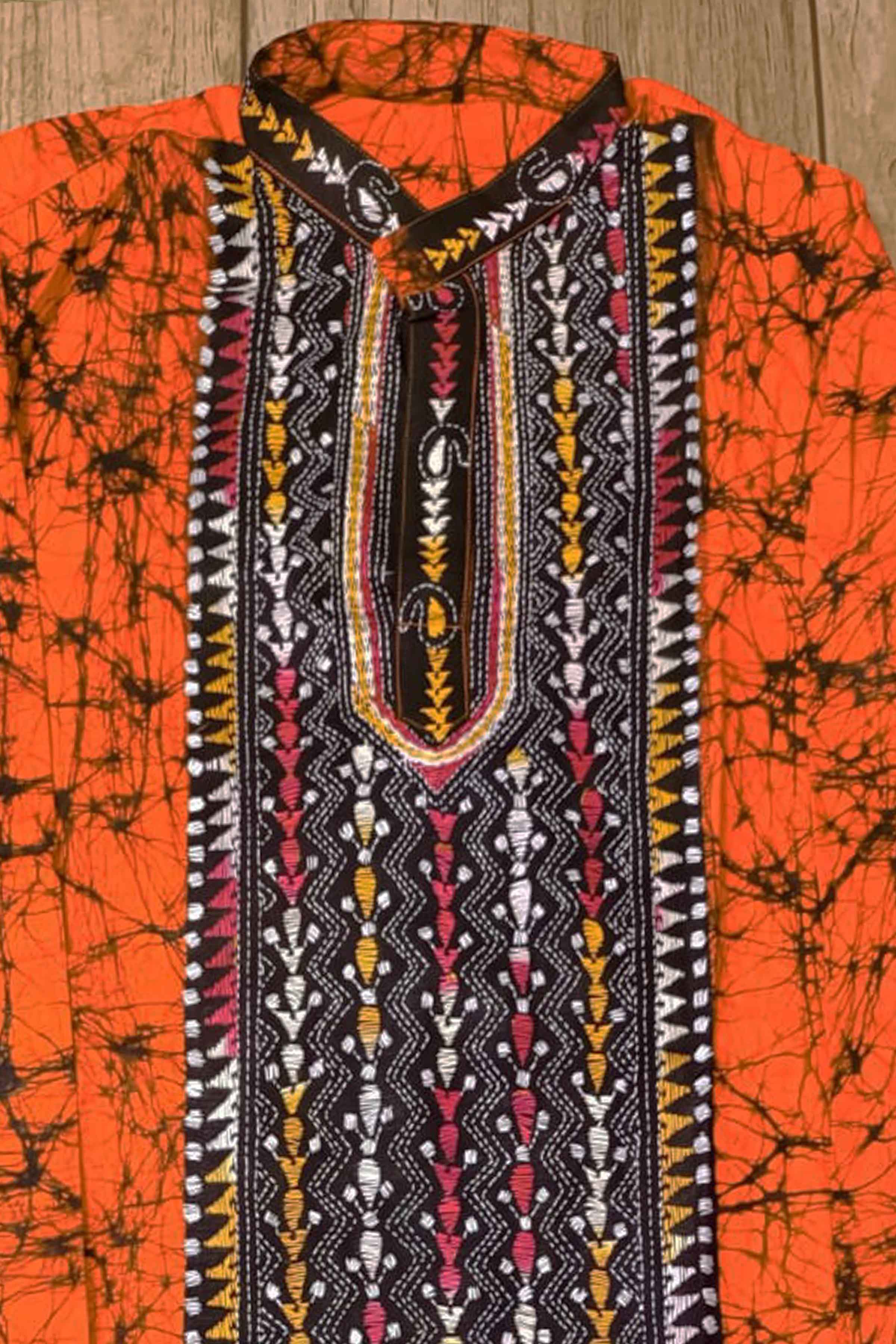 Orange Pure Cotton Batik with Kantha Work (Hand Embroidery) Panjabi