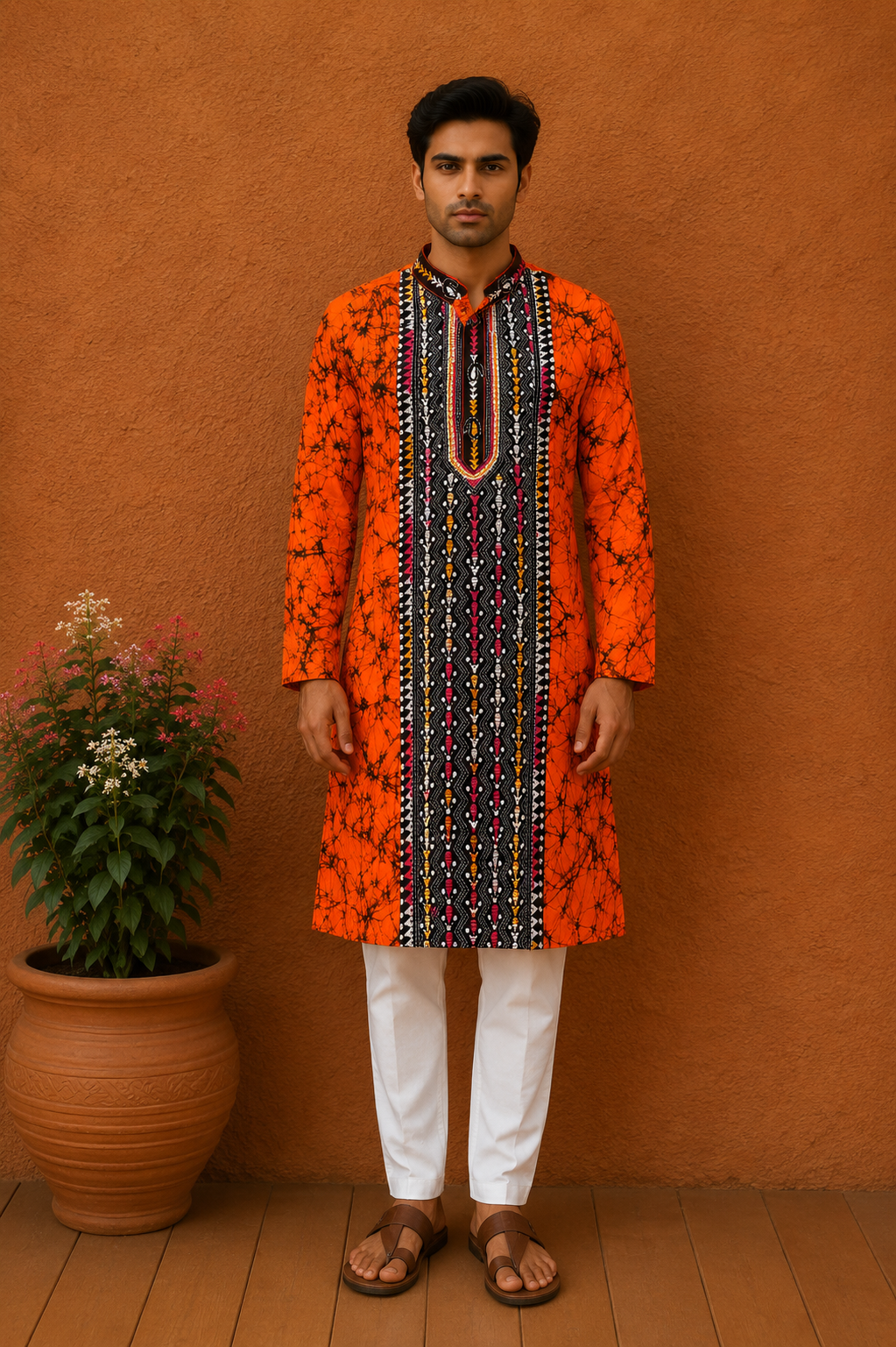 Orange Pure Cotton Batik with Kantha Work (Hand Embroidery) Panjabi