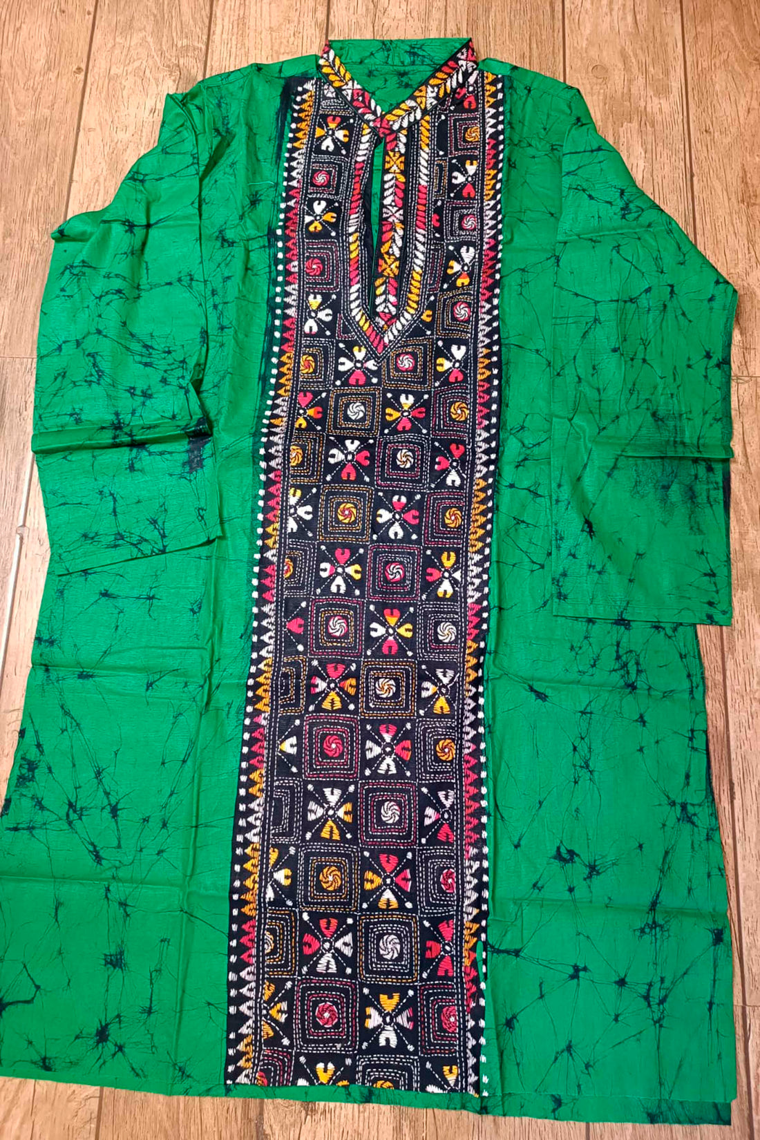 Green Pure Cotton Batik with Kantha Work (Hand Embroidery) Panjabi