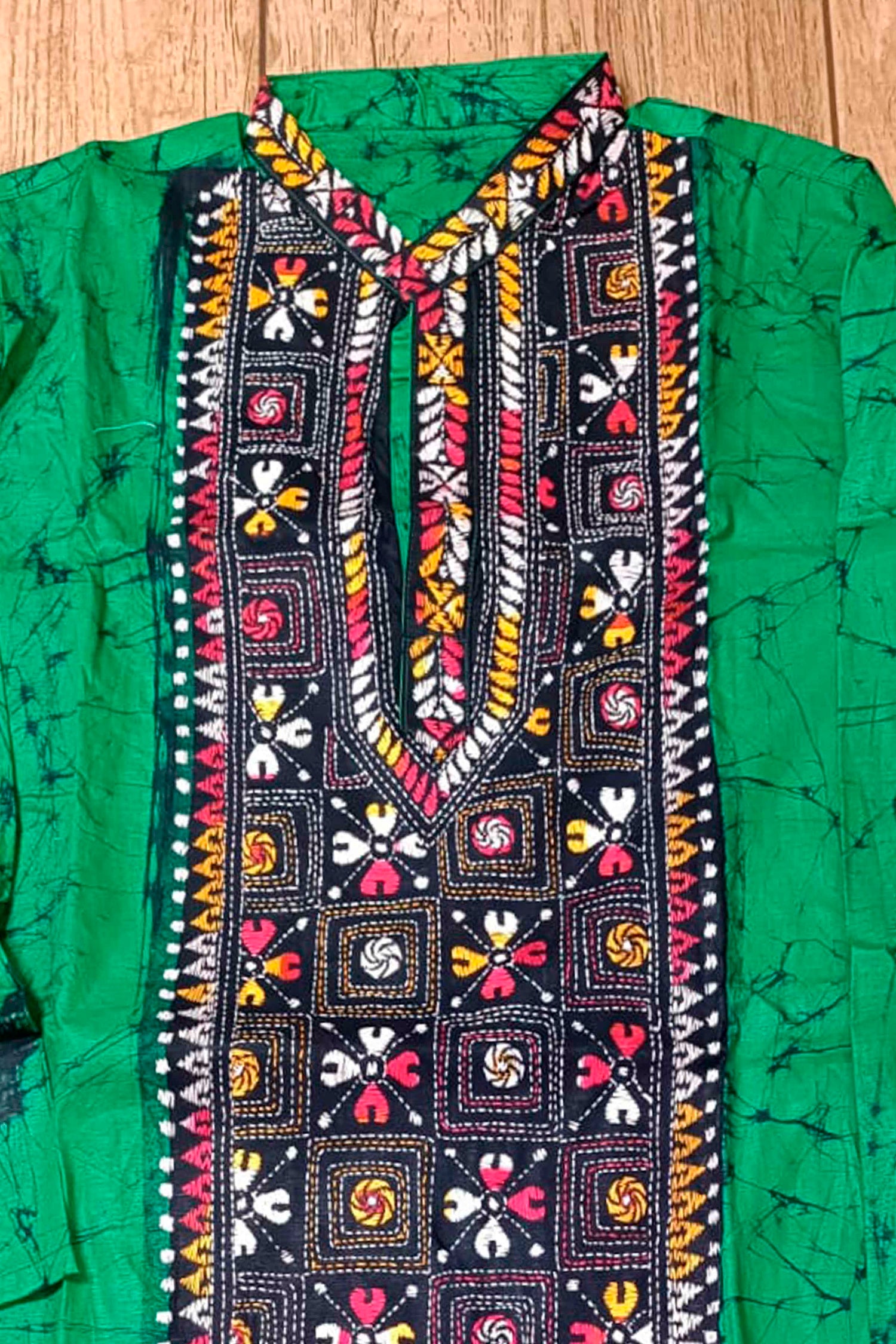 Green Pure Cotton Batik with Kantha Work (Hand Embroidery) Panjabi