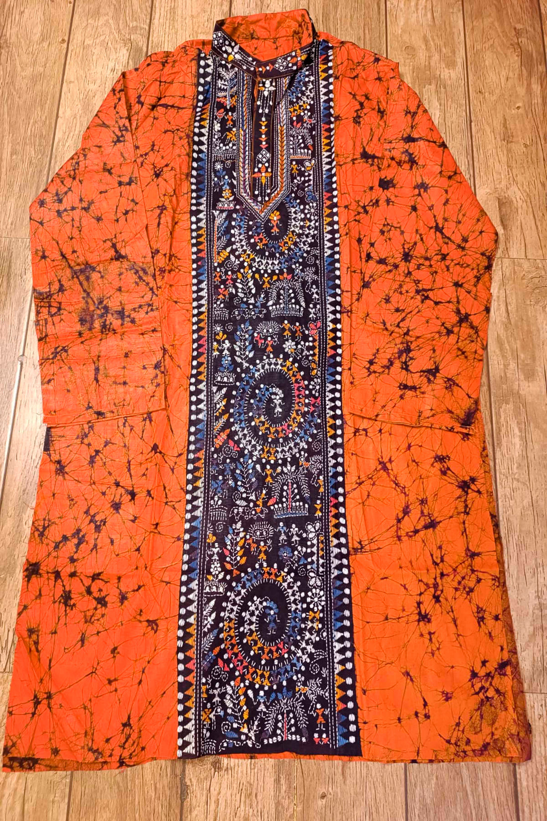 Orange Pure Cotton Batik with Kantha Work (Hand Embroidery) Panjabi