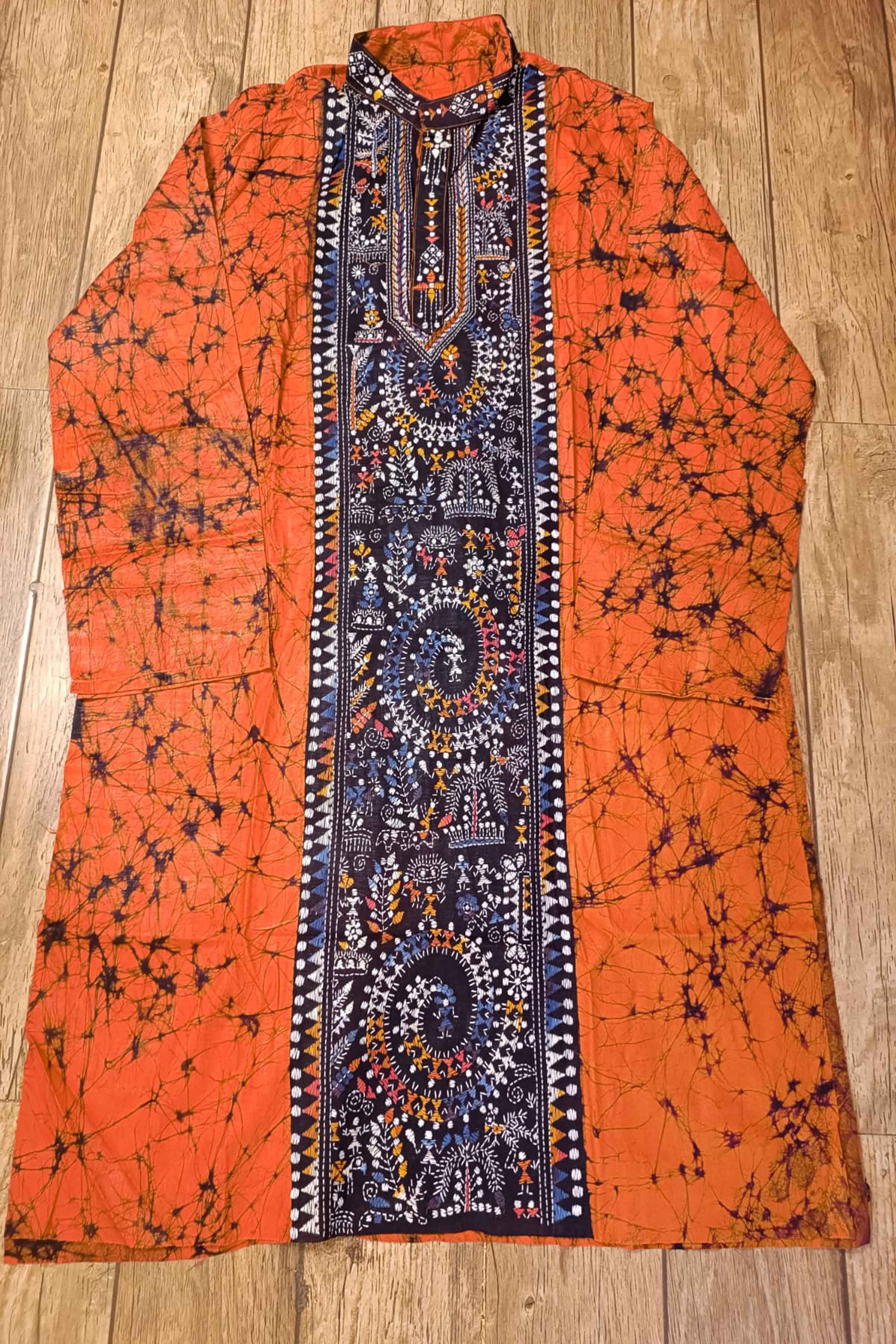 Orange Pure Cotton Batik with Kantha Work (Hand Embroidery) Panjabi