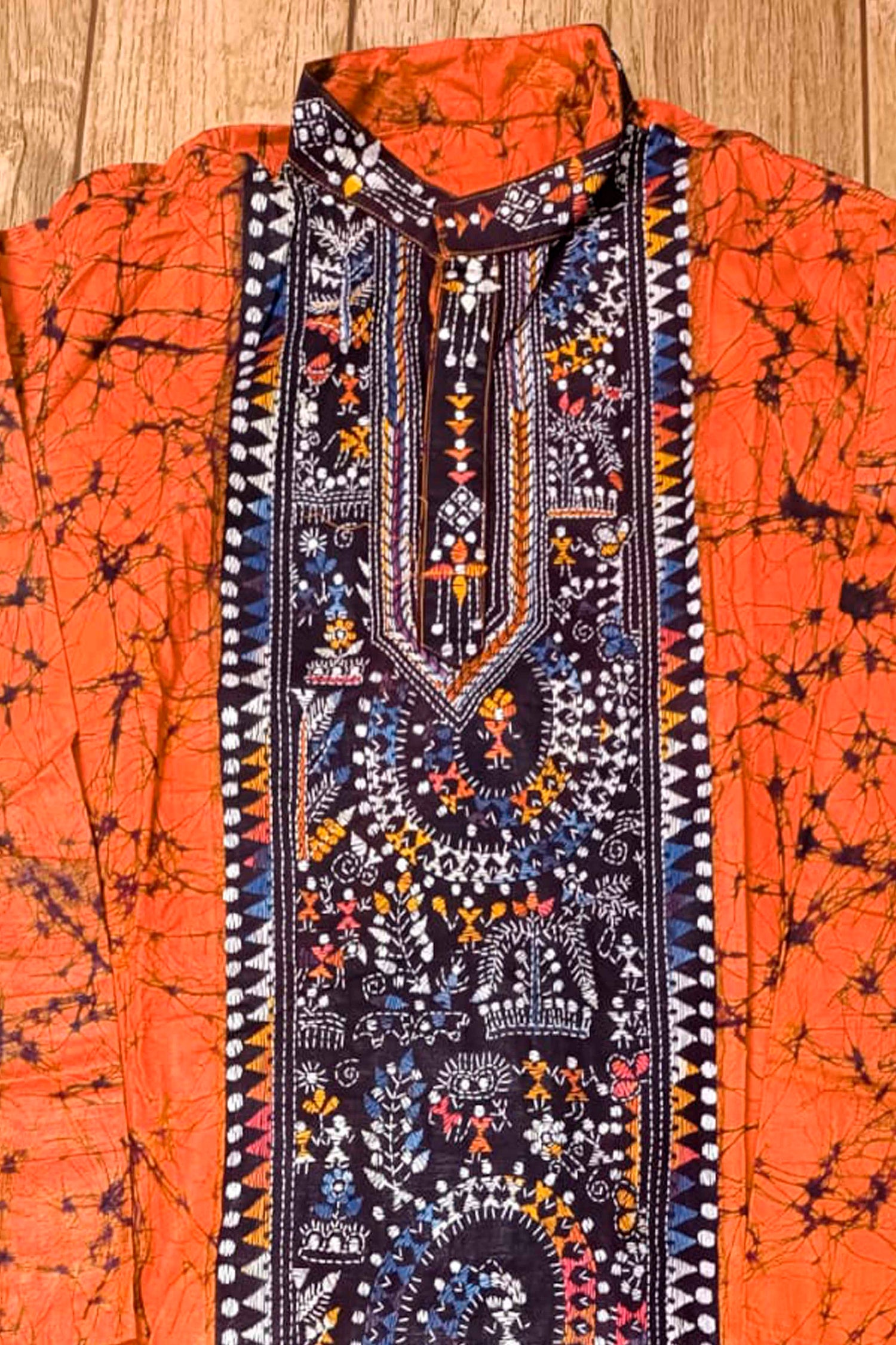 Orange Pure Cotton Batik with Kantha Work (Hand Embroidery) Panjabi