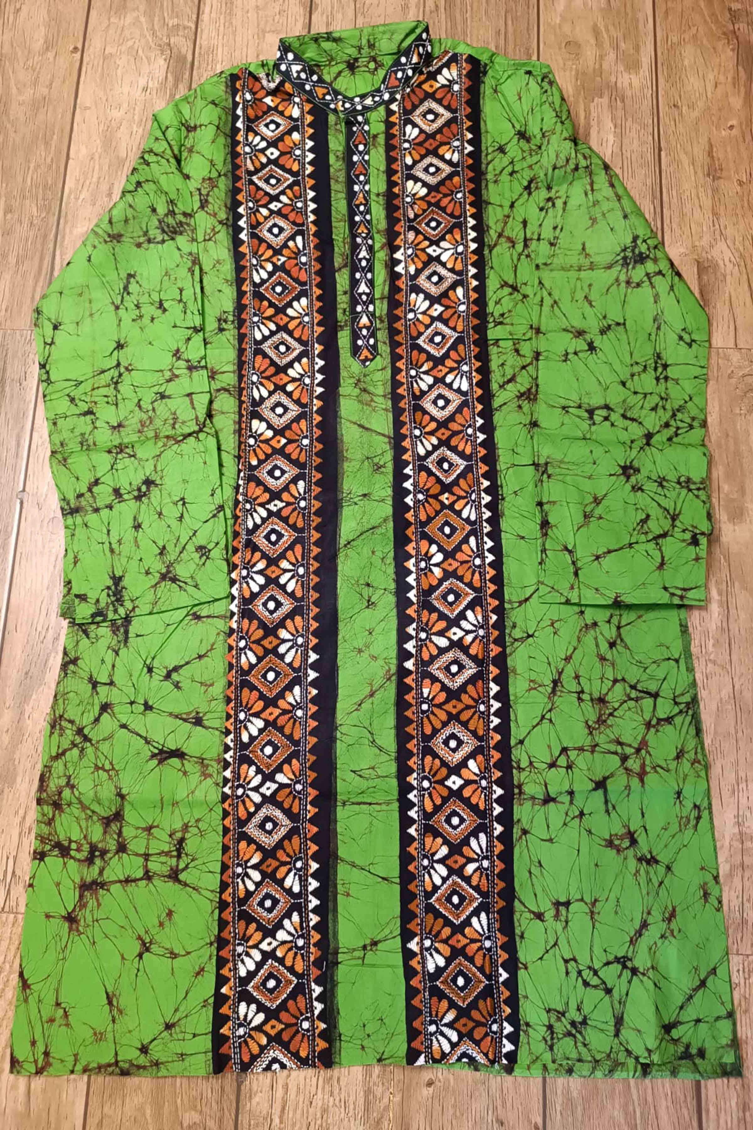 Green Pure Cotton Batik with Kantha Work (Hand Embroidery) Panjabi