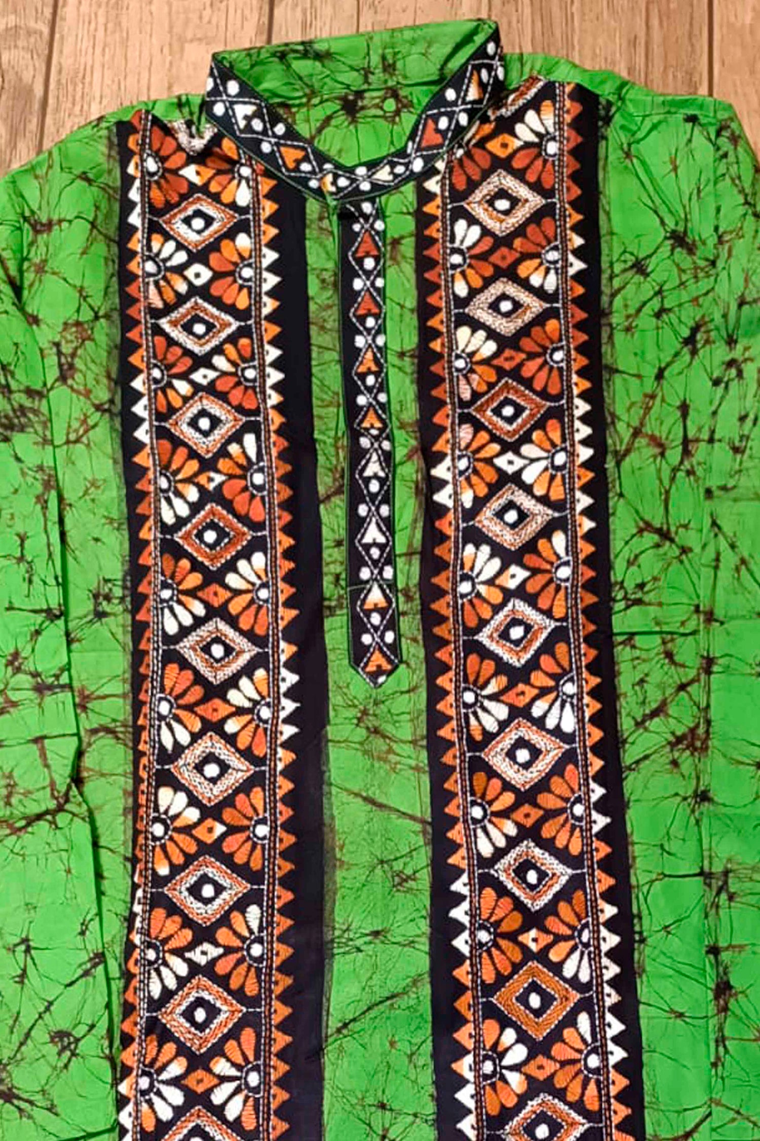 Green Pure Cotton Batik with Kantha Work (Hand Embroidery) Panjabi