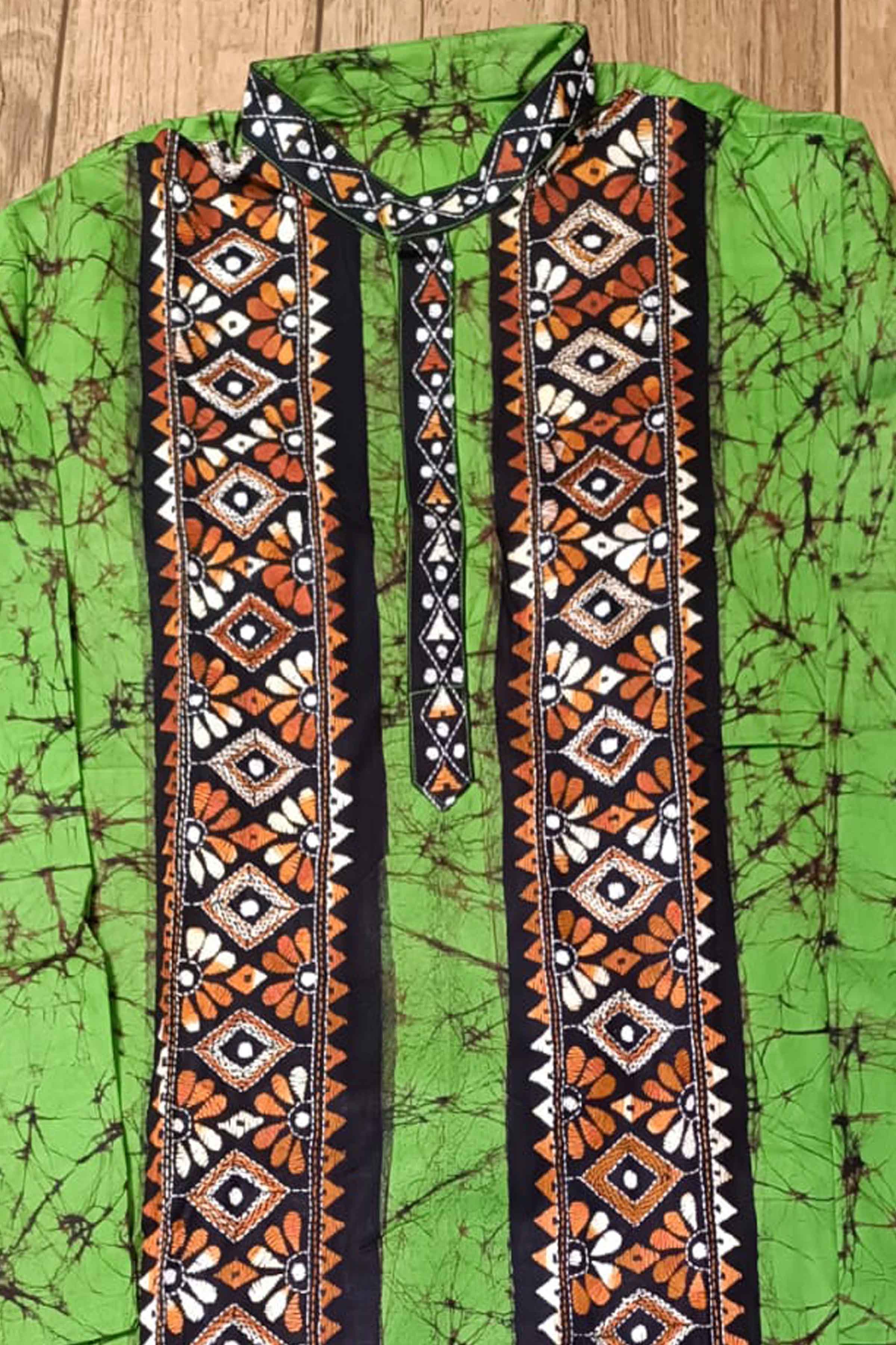 Green Pure Cotton Batik with Kantha Work (Hand Embroidery) Panjabi