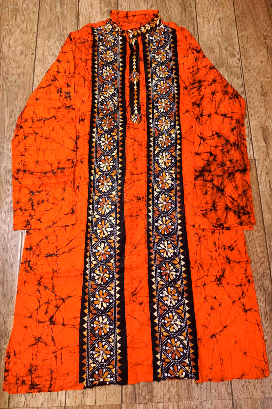 Orange Pure Cotton Batik with Kantha Work (Hand Embroidery) Panjabi