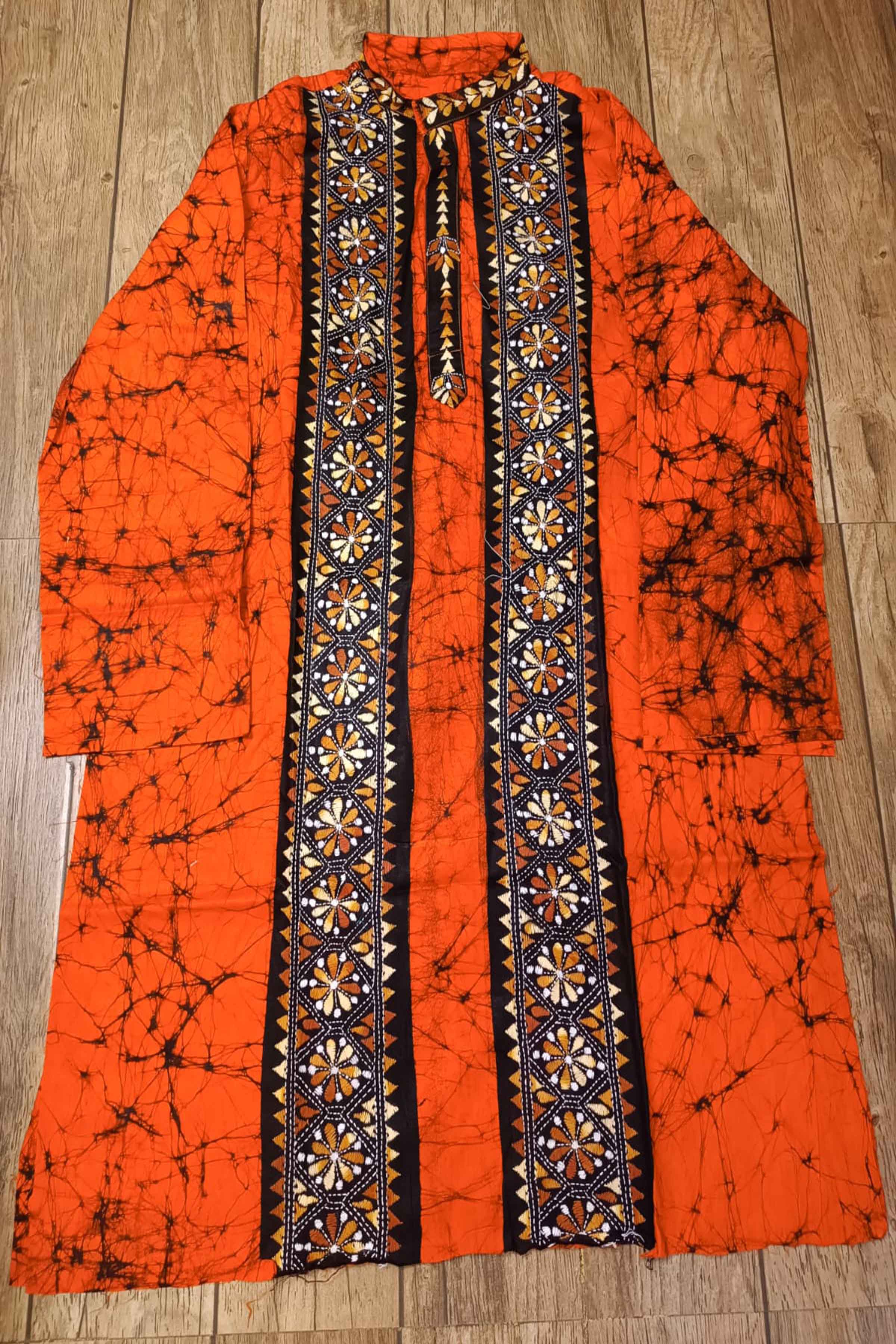 Orange Pure Cotton Batik with Kantha Work (Hand Embroidery) Panjabi