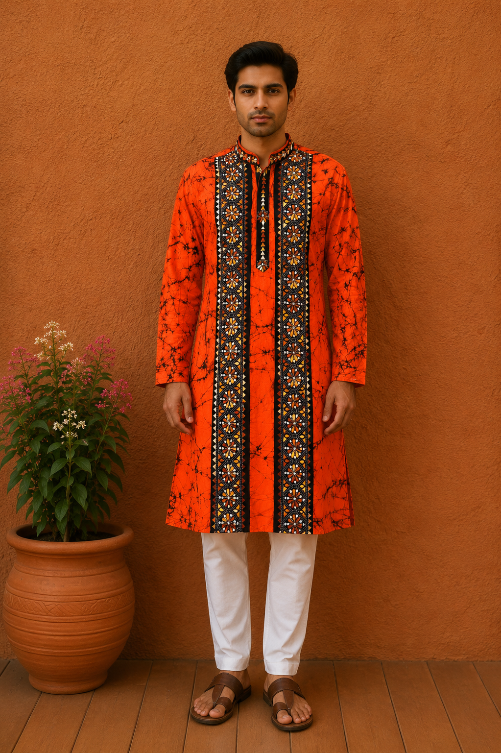 Orange Pure Cotton Batik with Kantha Work (Hand Embroidery) Panjabi
