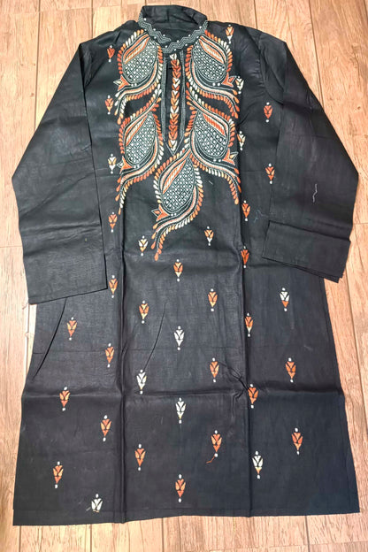 Black Pure Cotton with Kantha Work (Hand Embroidery) Panjabi