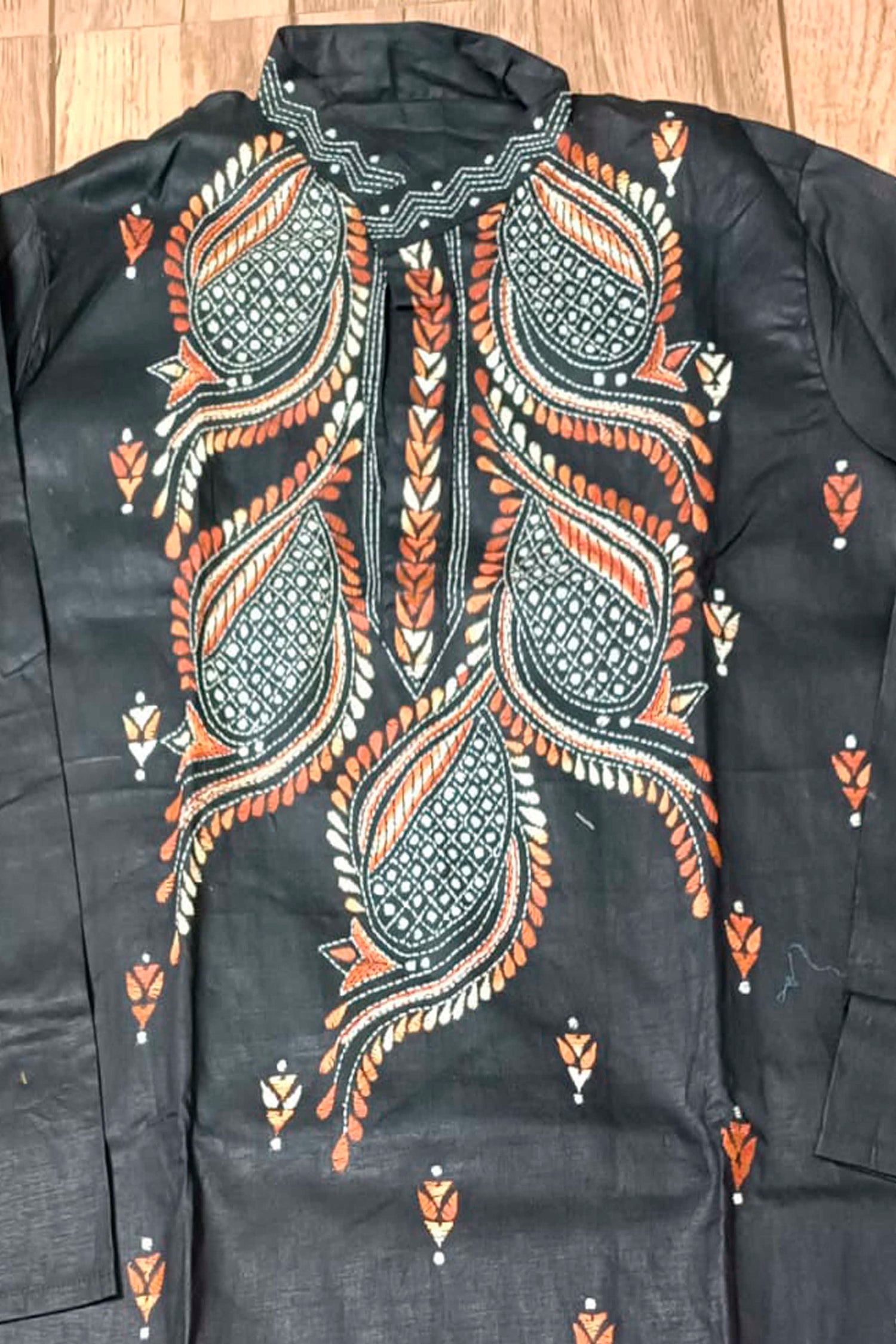 Black Pure Cotton with Kantha Work (Hand Embroidery) Panjabi