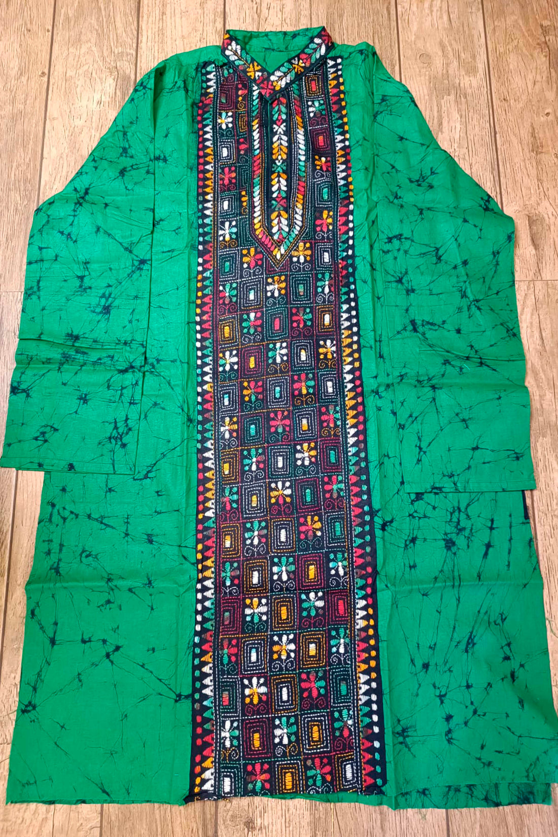 Green Pure Cotton Batik with Kantha Work (Hand Embroidery) Panjabi