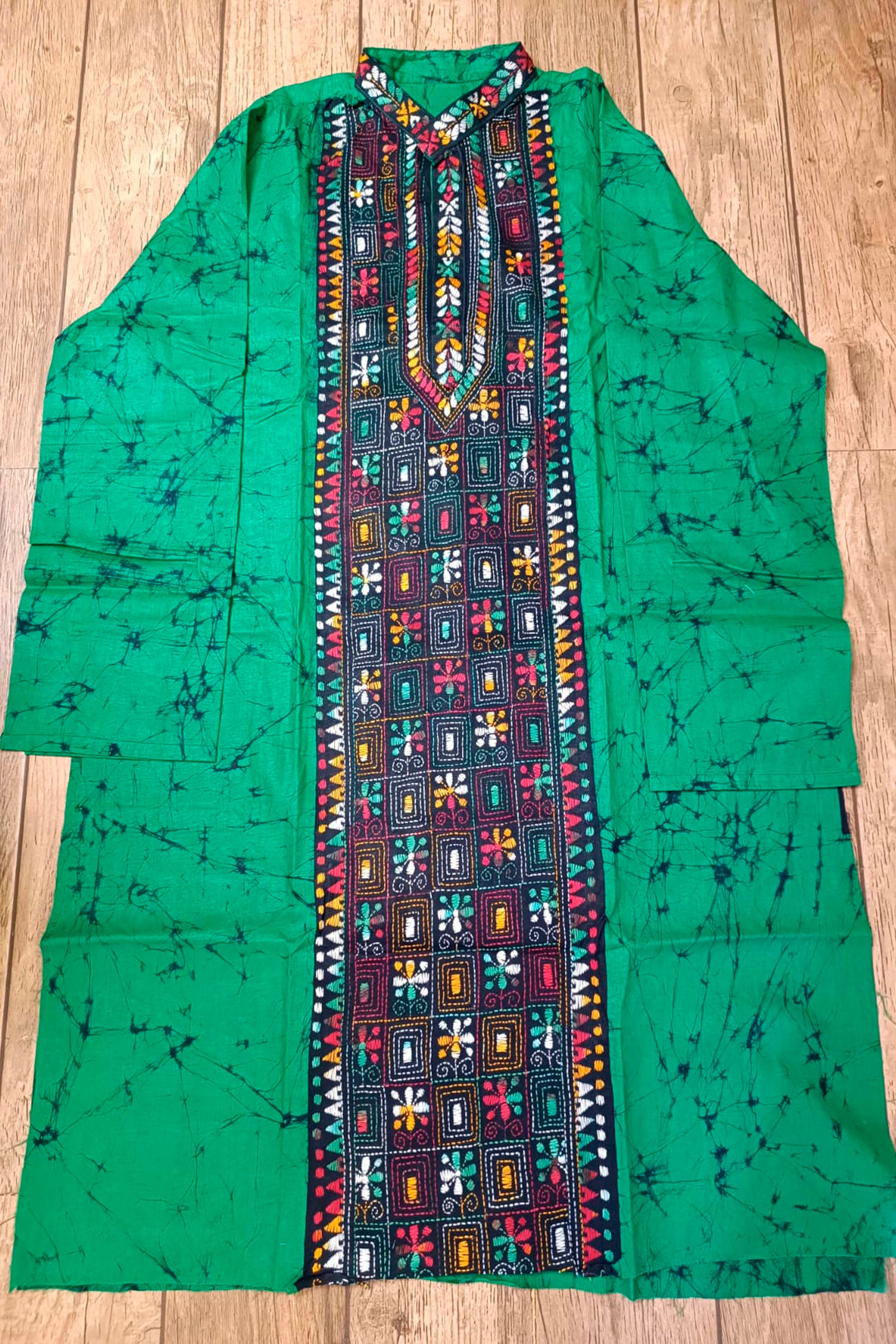 Green Pure Cotton Batik with Kantha Work (Hand Embroidery) Panjabi