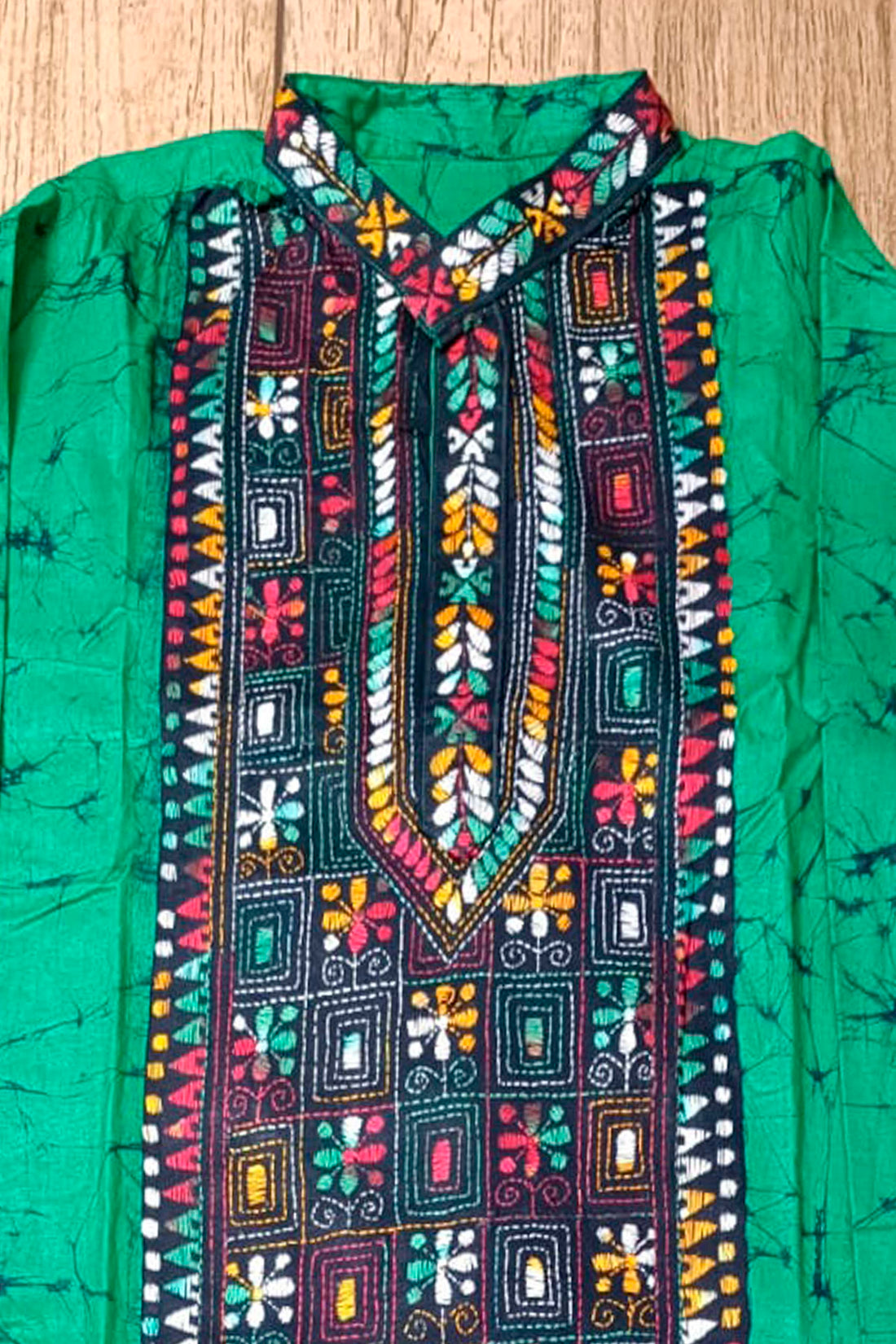 Green Pure Cotton Batik with Kantha Work (Hand Embroidery) Panjabi