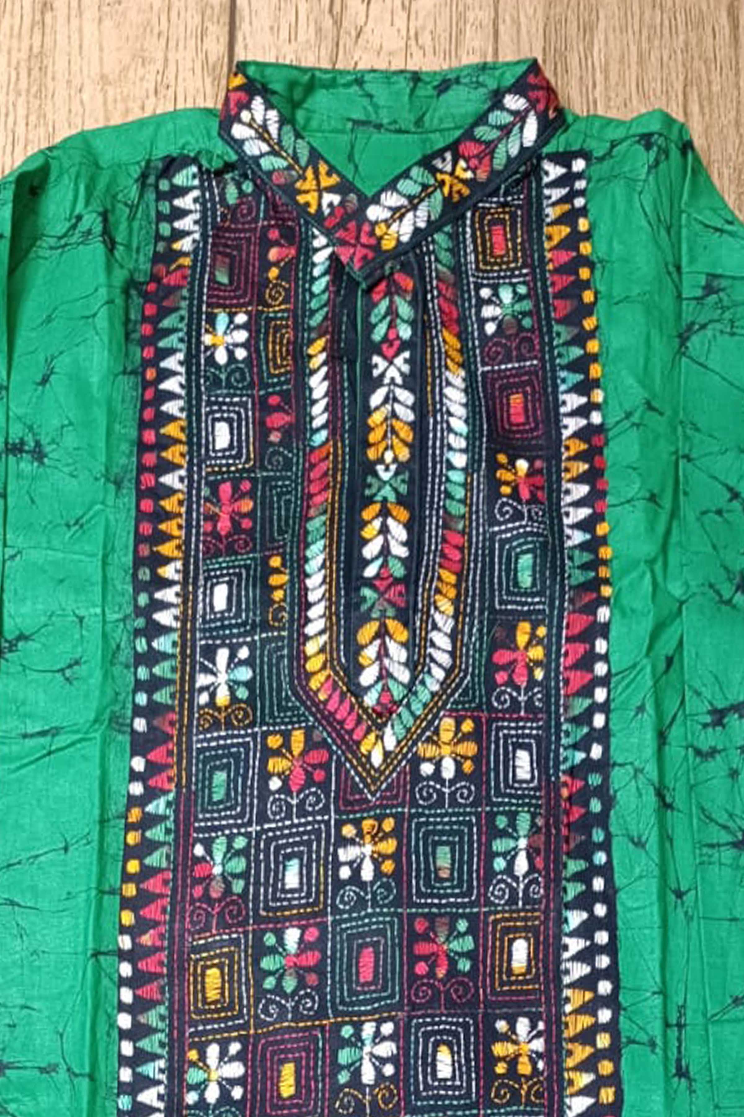Green Pure Cotton Batik with Kantha Work (Hand Embroidery) Panjabi