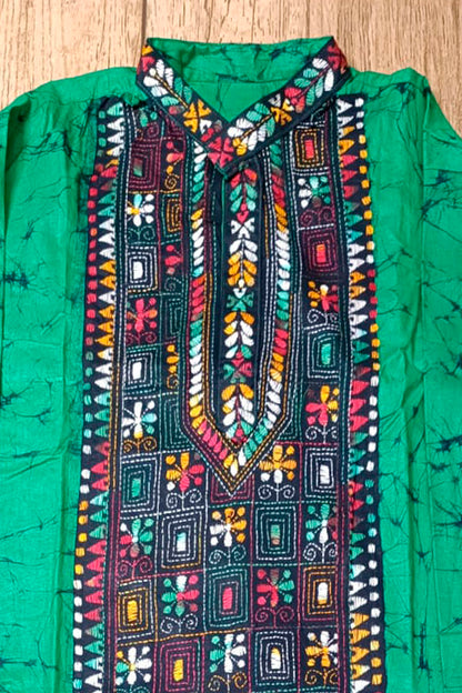 Green Pure Cotton Batik with Kantha Work (Hand Embroidery) Panjabi