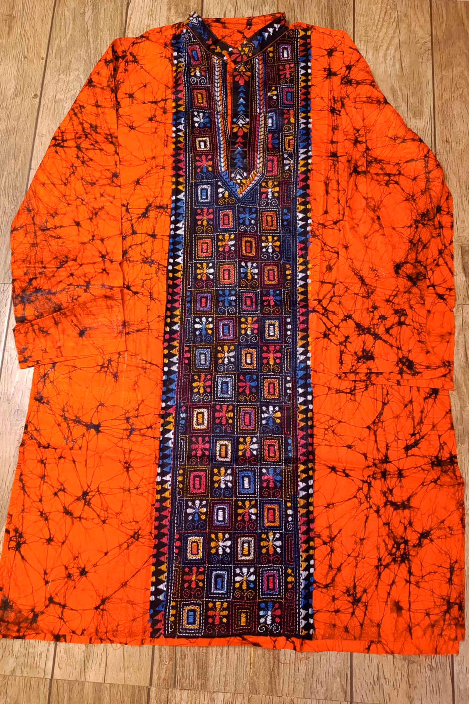 Orange Pure Cotton Batik with Kantha Work (Hand Embroidery) Panjabi