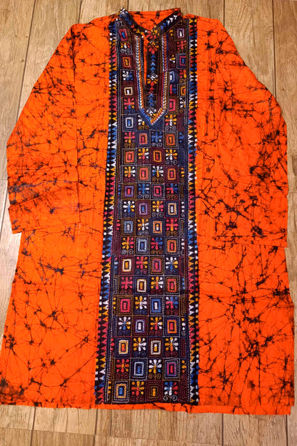 Orange Pure Cotton Batik with Kantha Work (Hand Embroidery) Panjabi