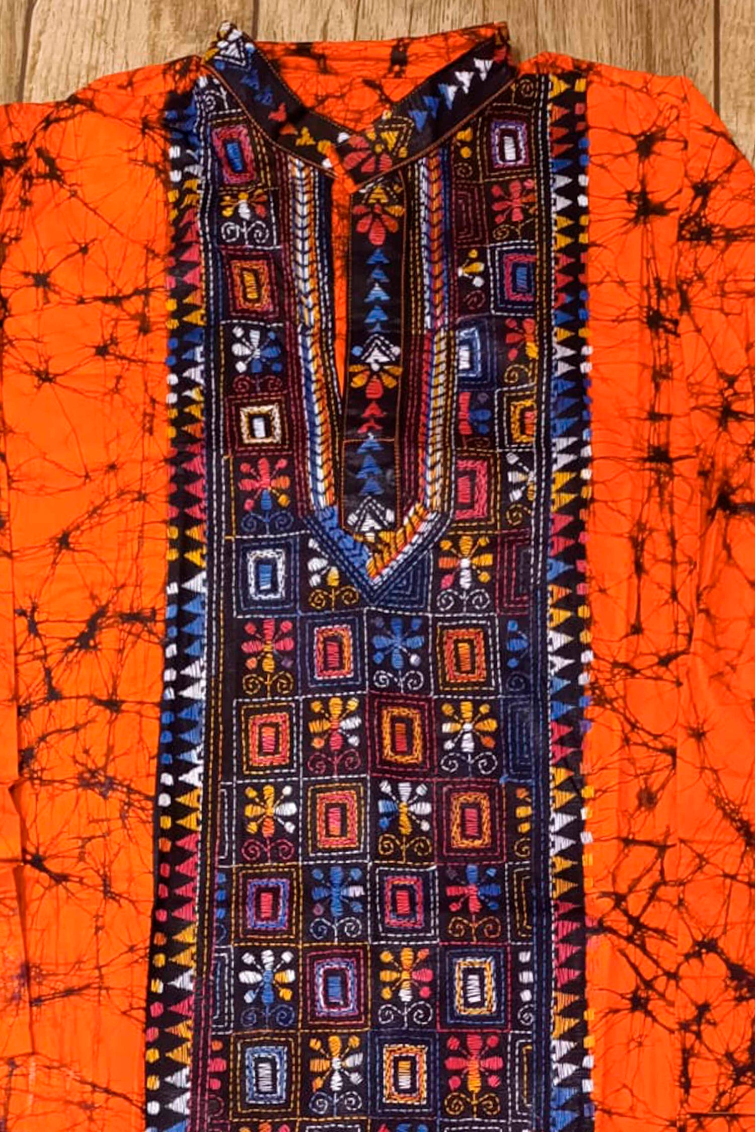 Orange Pure Cotton Batik with Kantha Work (Hand Embroidery) Panjabi