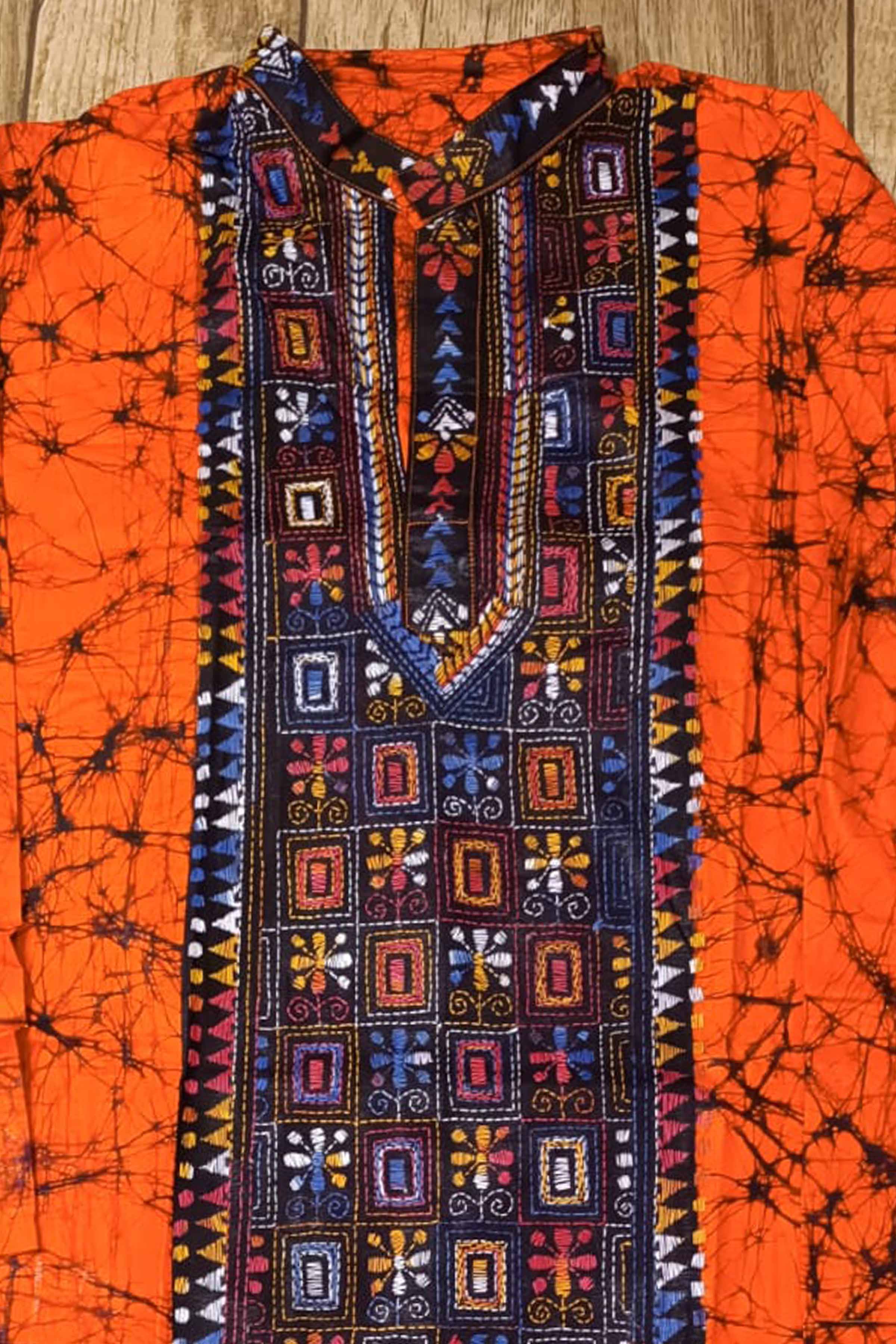Orange Pure Cotton Batik with Kantha Work (Hand Embroidery) Panjabi