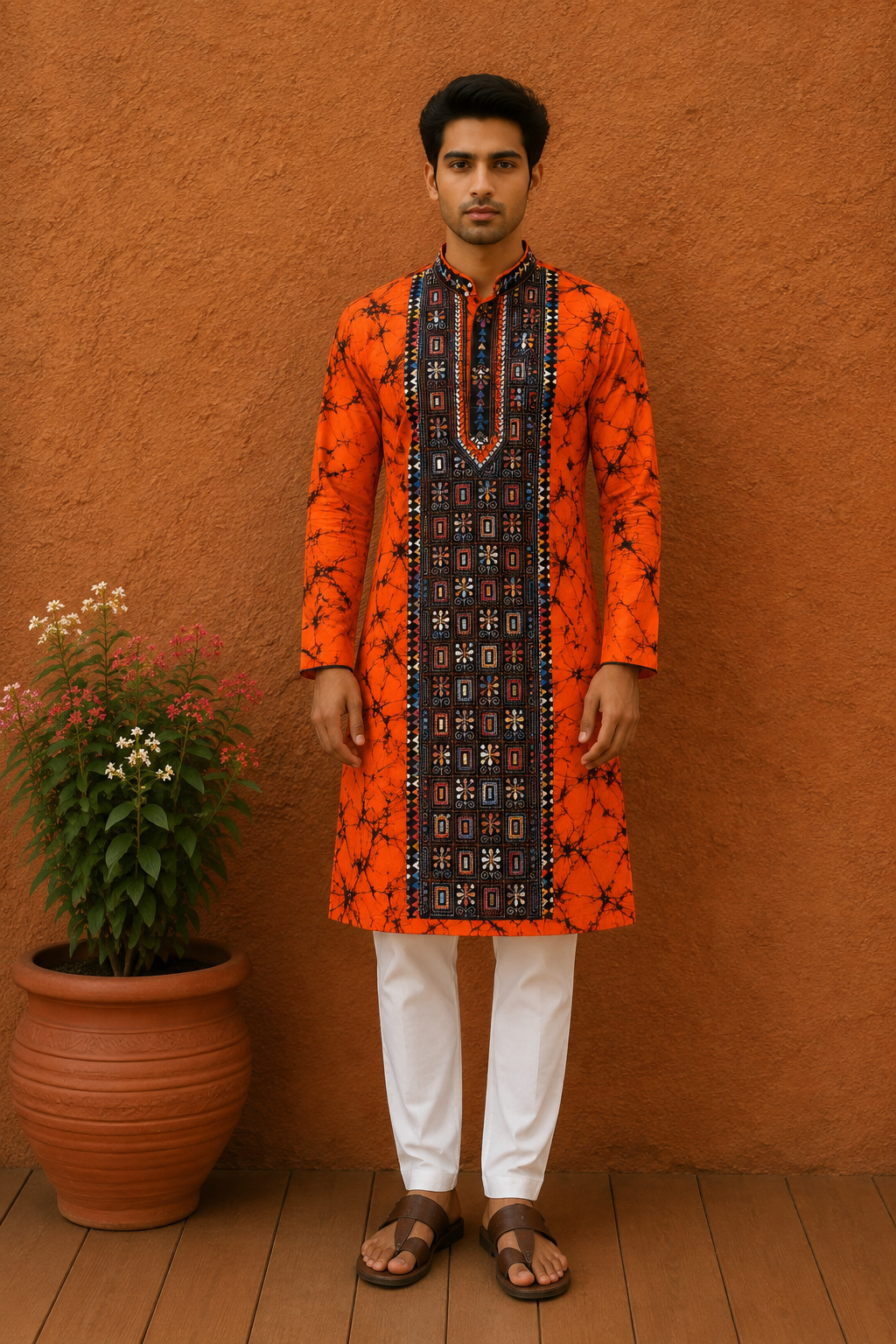 Orange Pure Cotton Batik with Kantha Work (Hand Embroidery) Panjabi