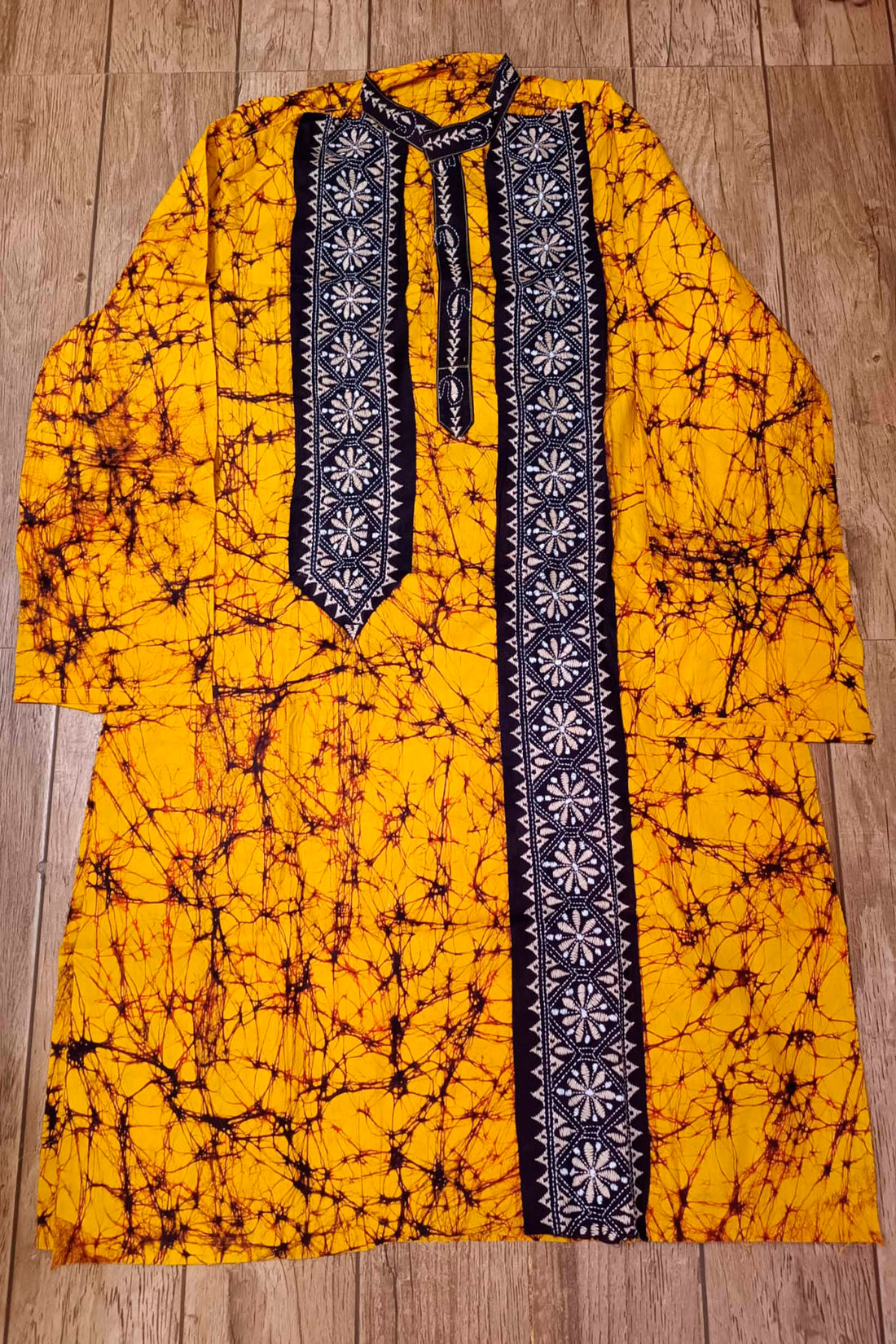 Yellow Pure Cotton Batik with Kantha Work (Hand Embroidery) Panjabi