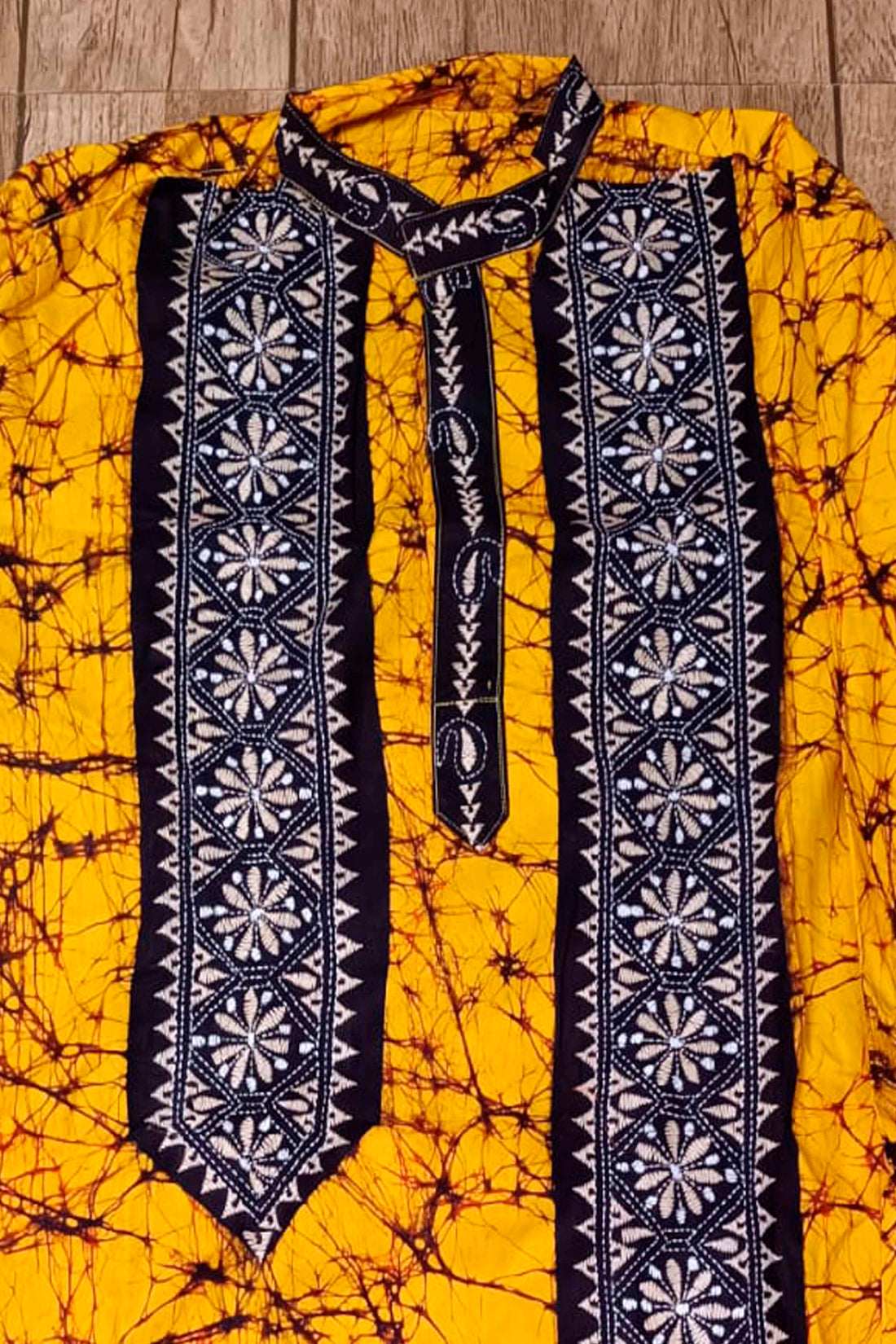 Yellow Pure Cotton Batik with Kantha Work (Hand Embroidery) Panjabi