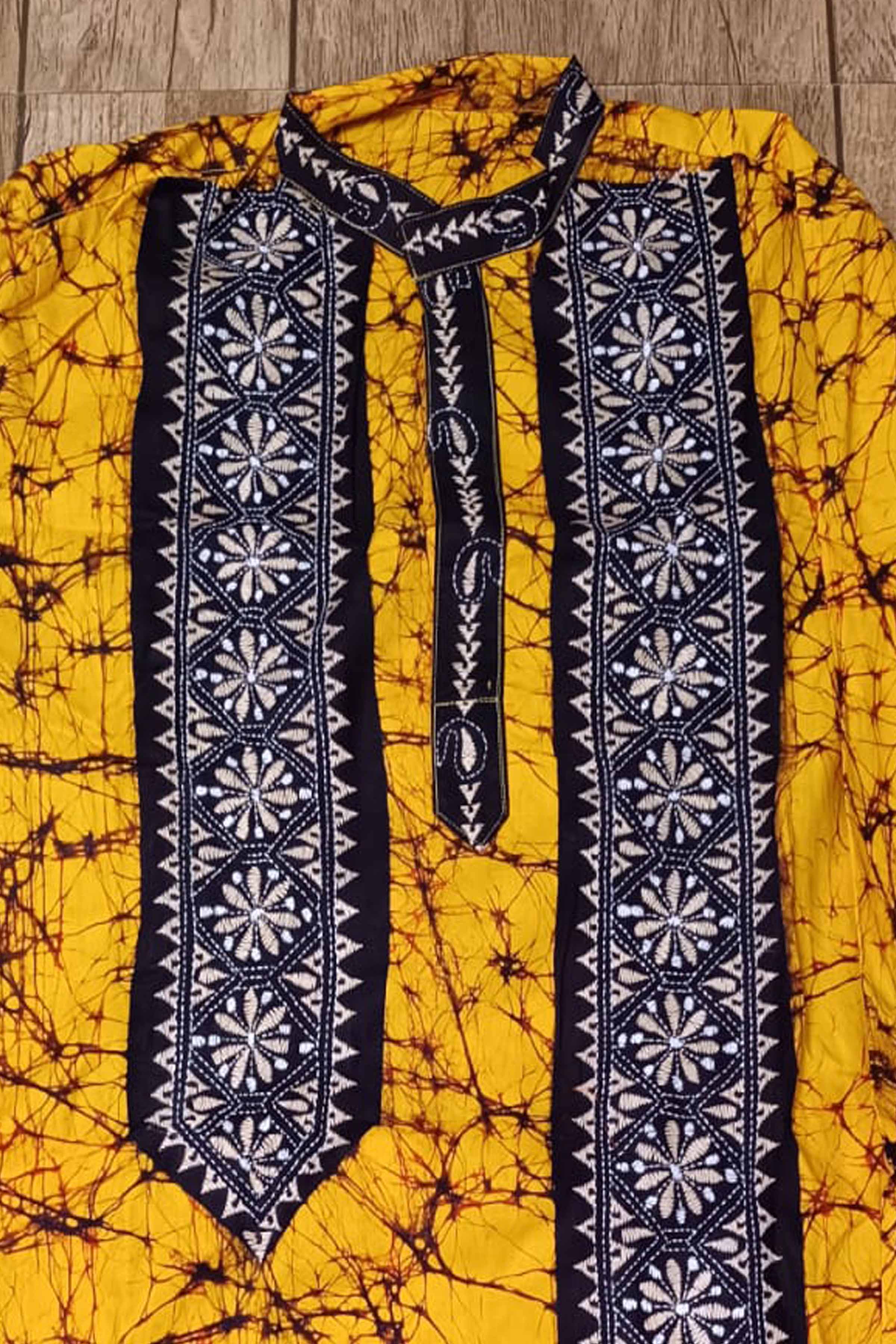 Yellow Pure Cotton Batik with Kantha Work (Hand Embroidery) Panjabi