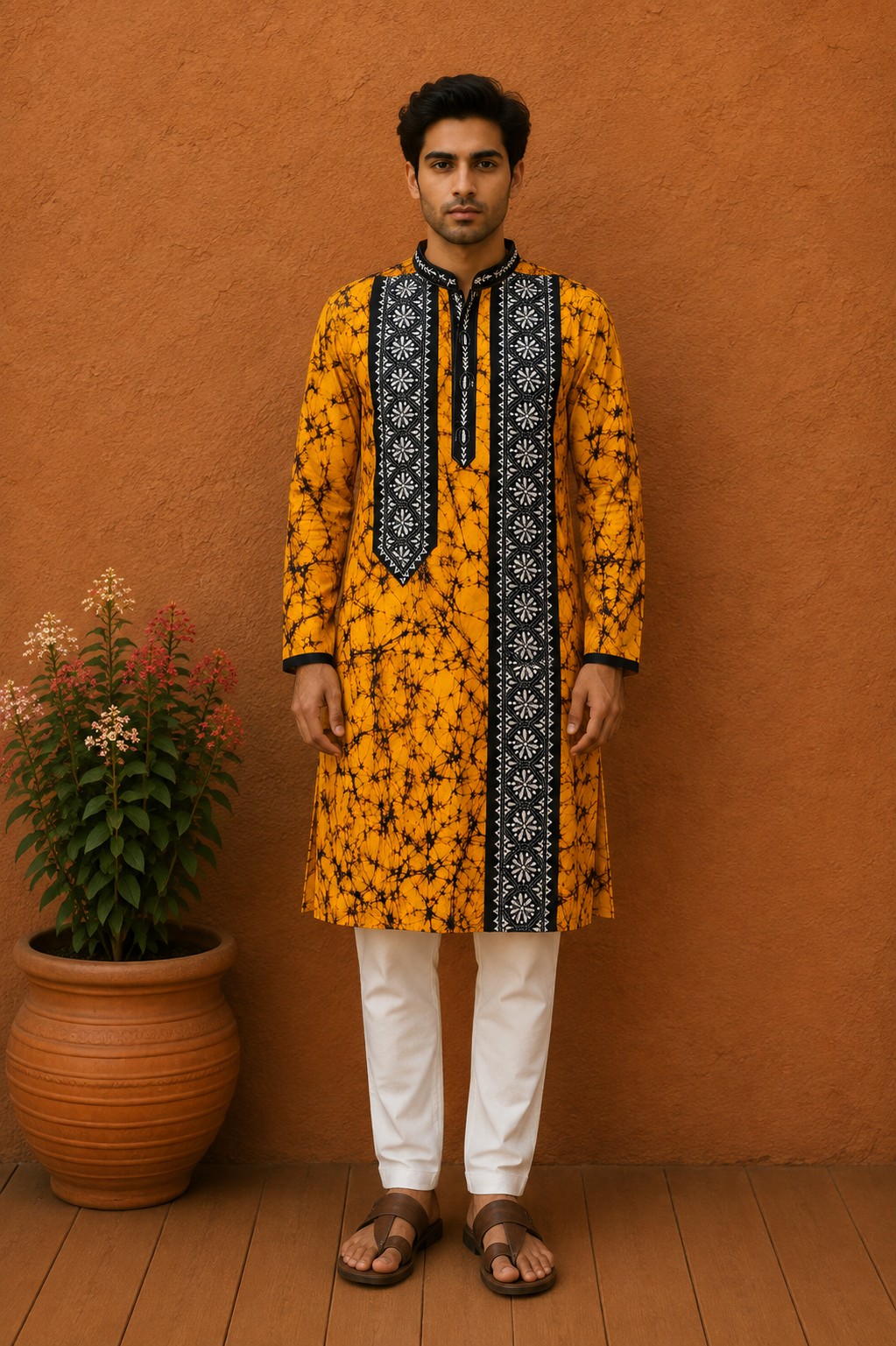 Yellow Pure Cotton Batik with Kantha Work (Hand Embroidery) Panjabi