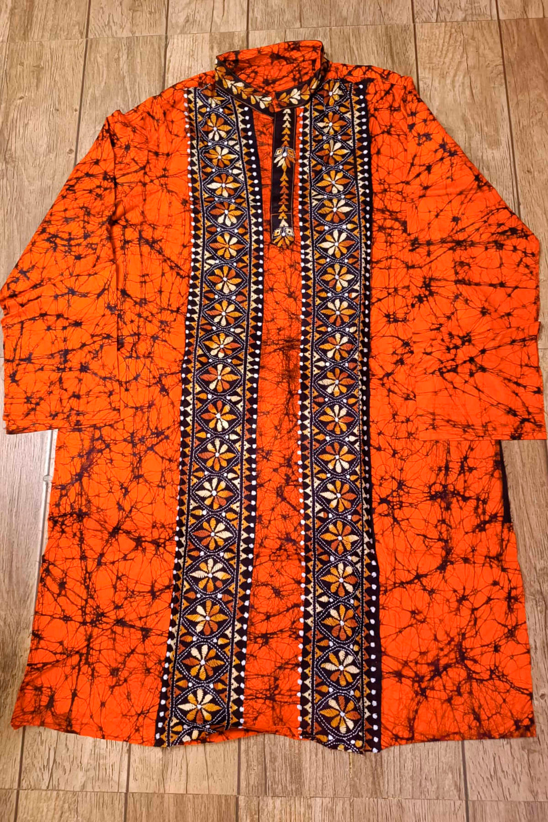 Orange Pure Cotton Batik with Kantha Work (Hand Embroidery) Panjabi