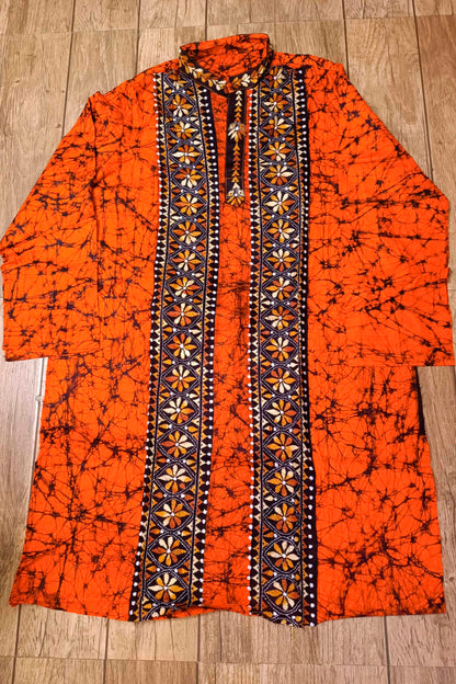 Orange Pure Cotton Batik with Kantha Work (Hand Embroidery) Panjabi
