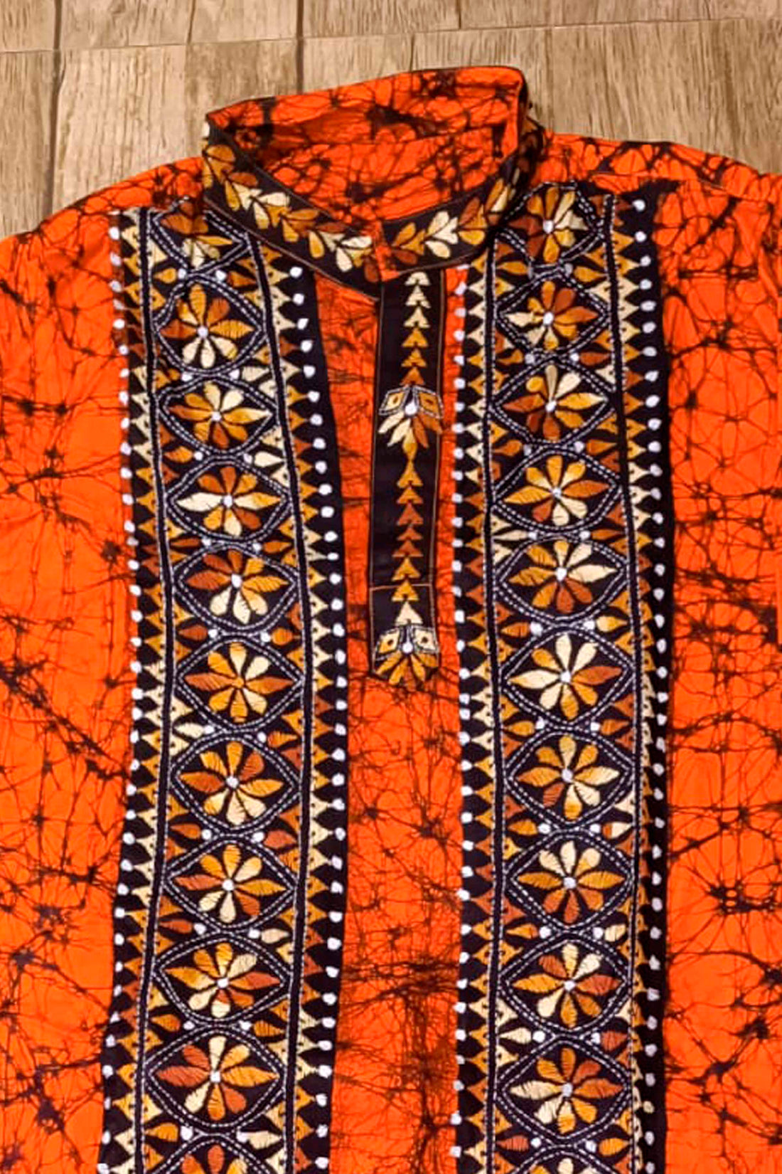 Orange Pure Cotton Batik with Kantha Work (Hand Embroidery) Panjabi