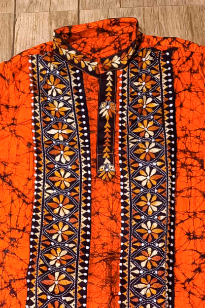 Orange Pure Cotton Batik with Kantha Work (Hand Embroidery) Panjabi