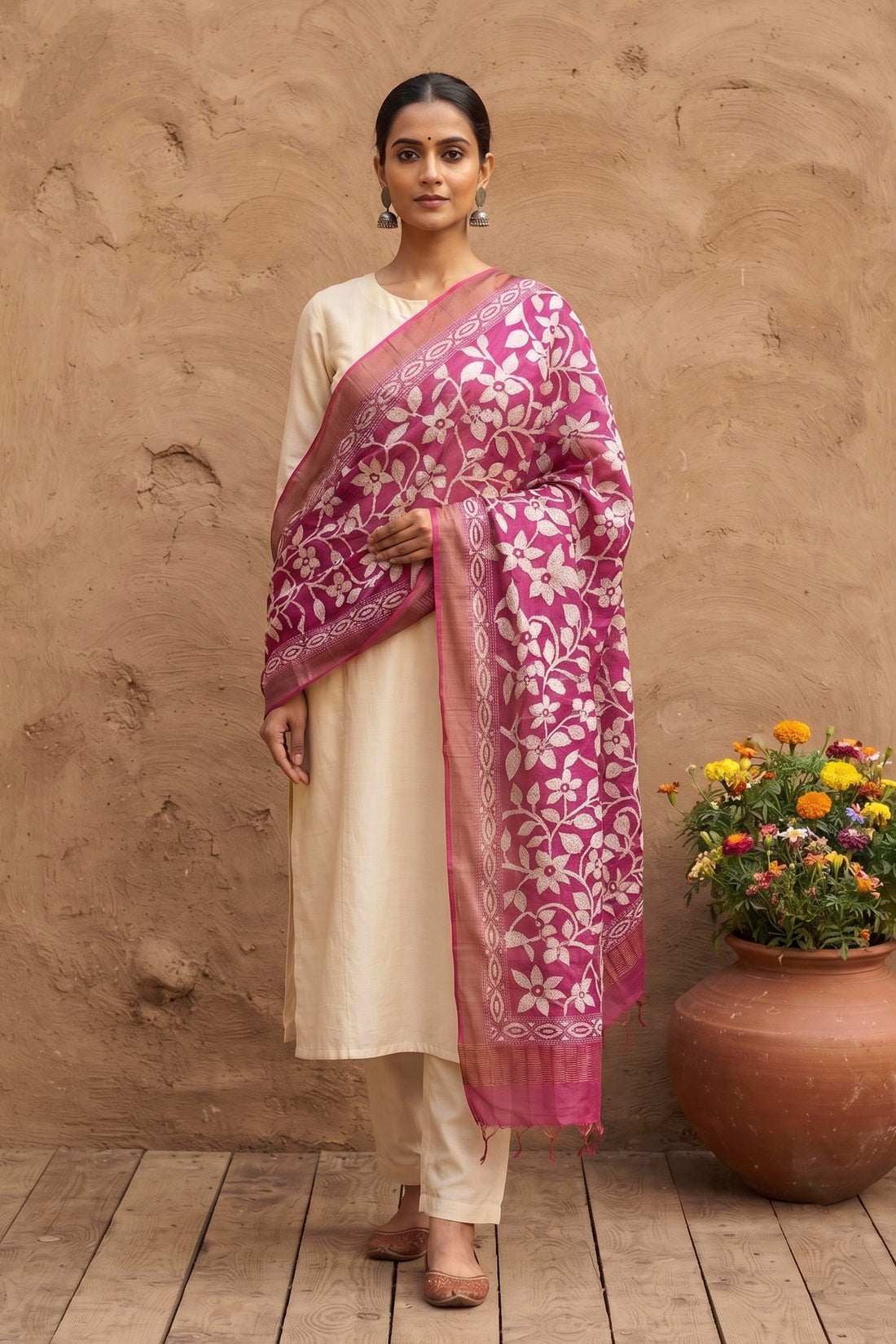 Zari Border Pure Tussar Kantha Stitch Dupatta SN26KD28