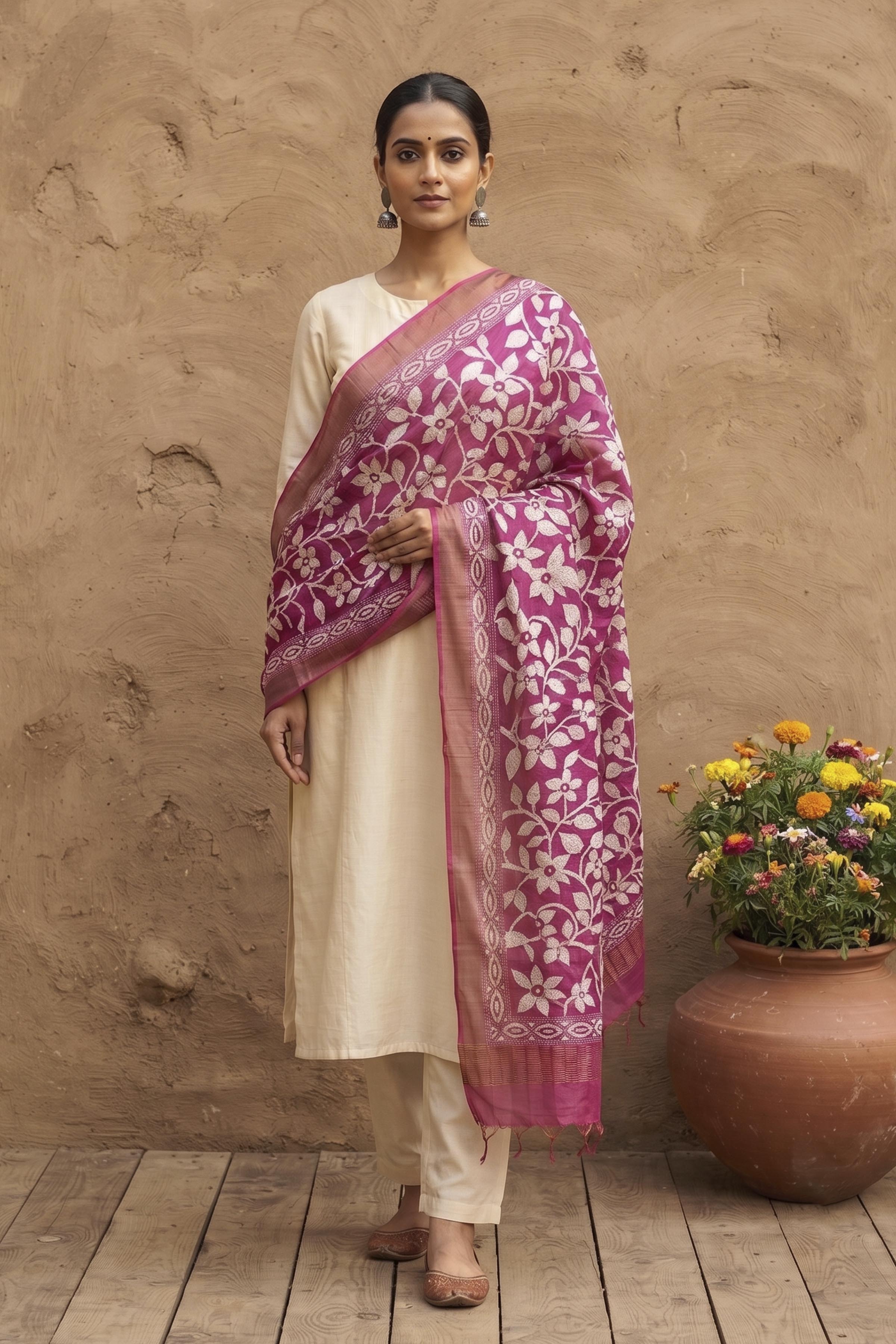 Zari Border Pure Tussar Kantha Stitch Dupatta SN26KD28