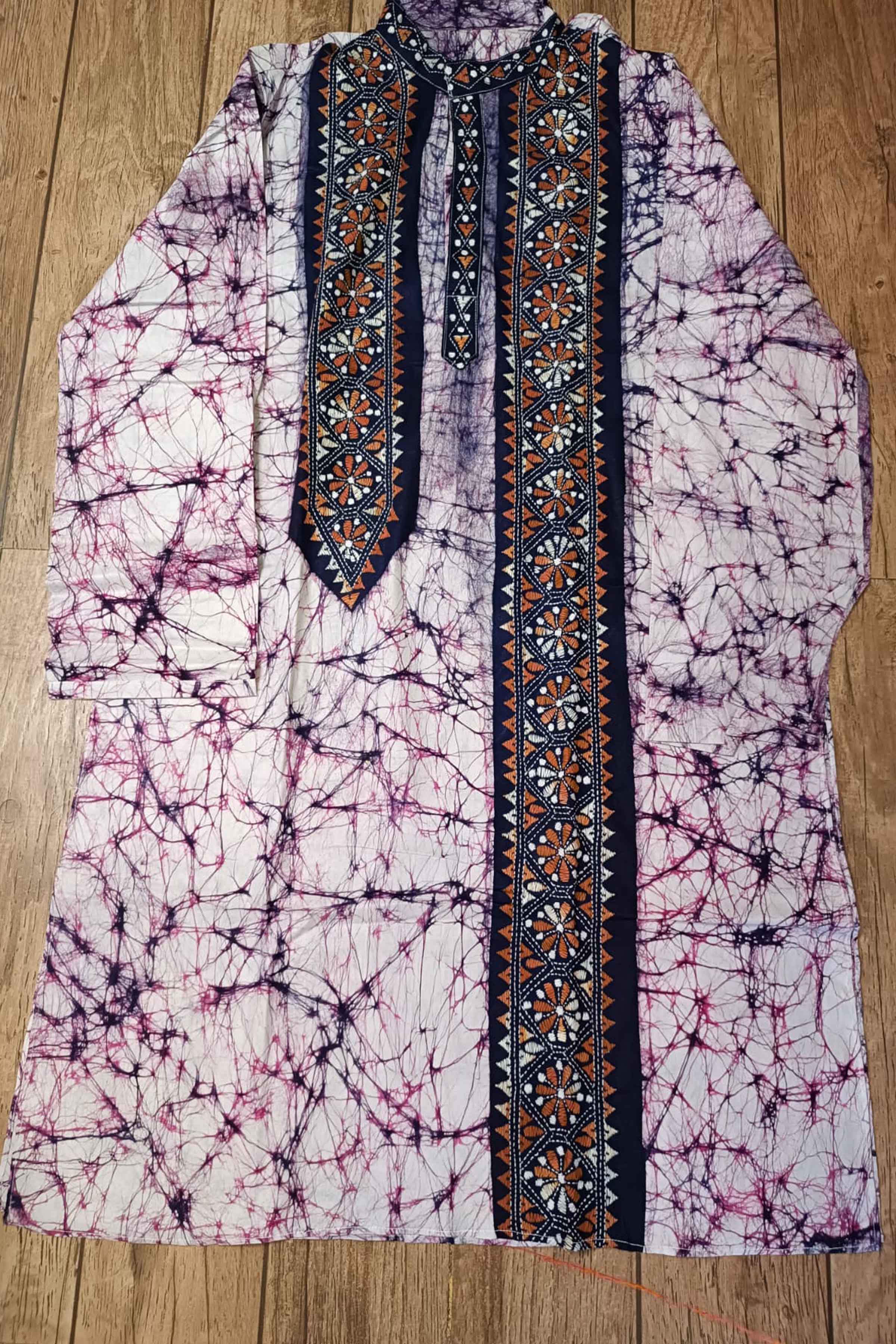 Off White Pure Cotton Batik with Kantha Work (Hand Embroidery) Panjabi