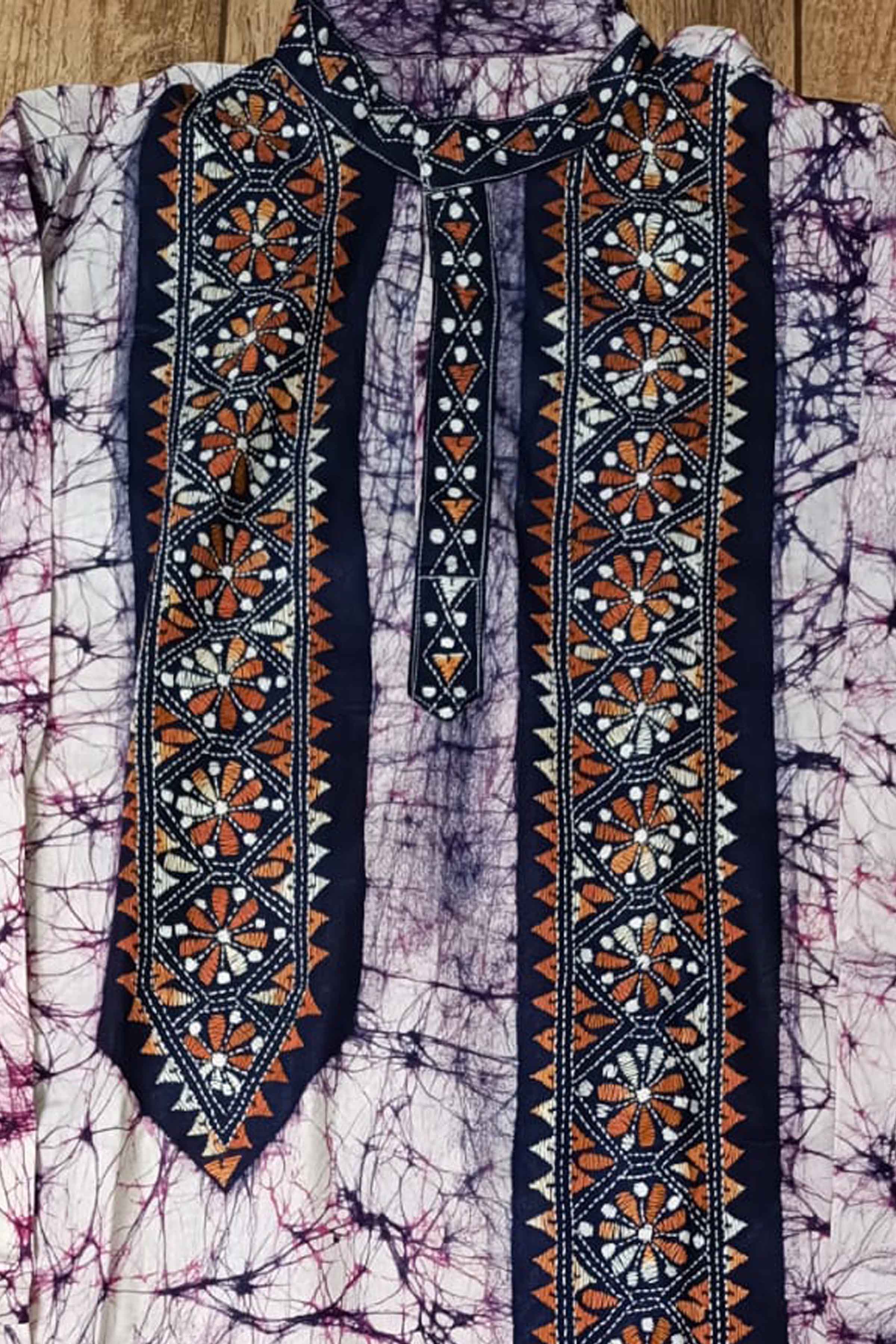 Off White Pure Cotton Batik with Kantha Work (Hand Embroidery) Panjabi