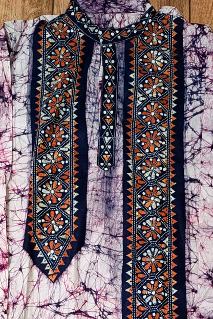 Off White Pure Cotton Batik with Kantha Work (Hand Embroidery) Panjabi