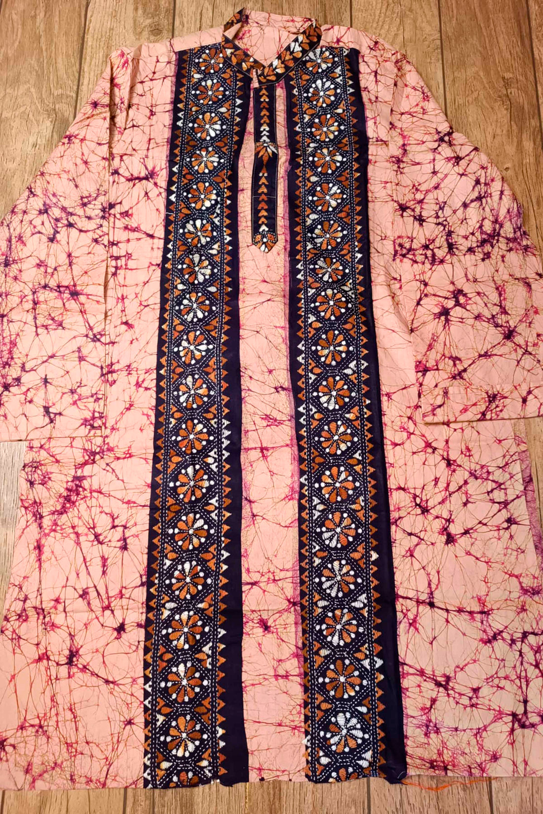 Pink Pure Cotton Batik with Kantha Work (Hand Embroidery) Panjabi