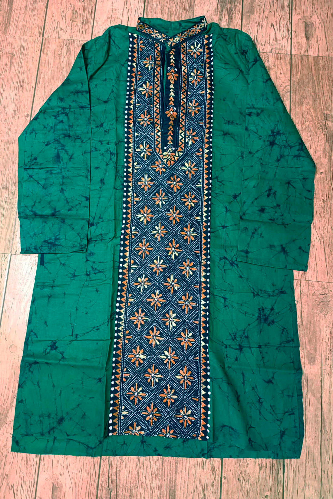 Green Pure Cotton Batik with Kantha Work (Hand Embroidery) Panjabi