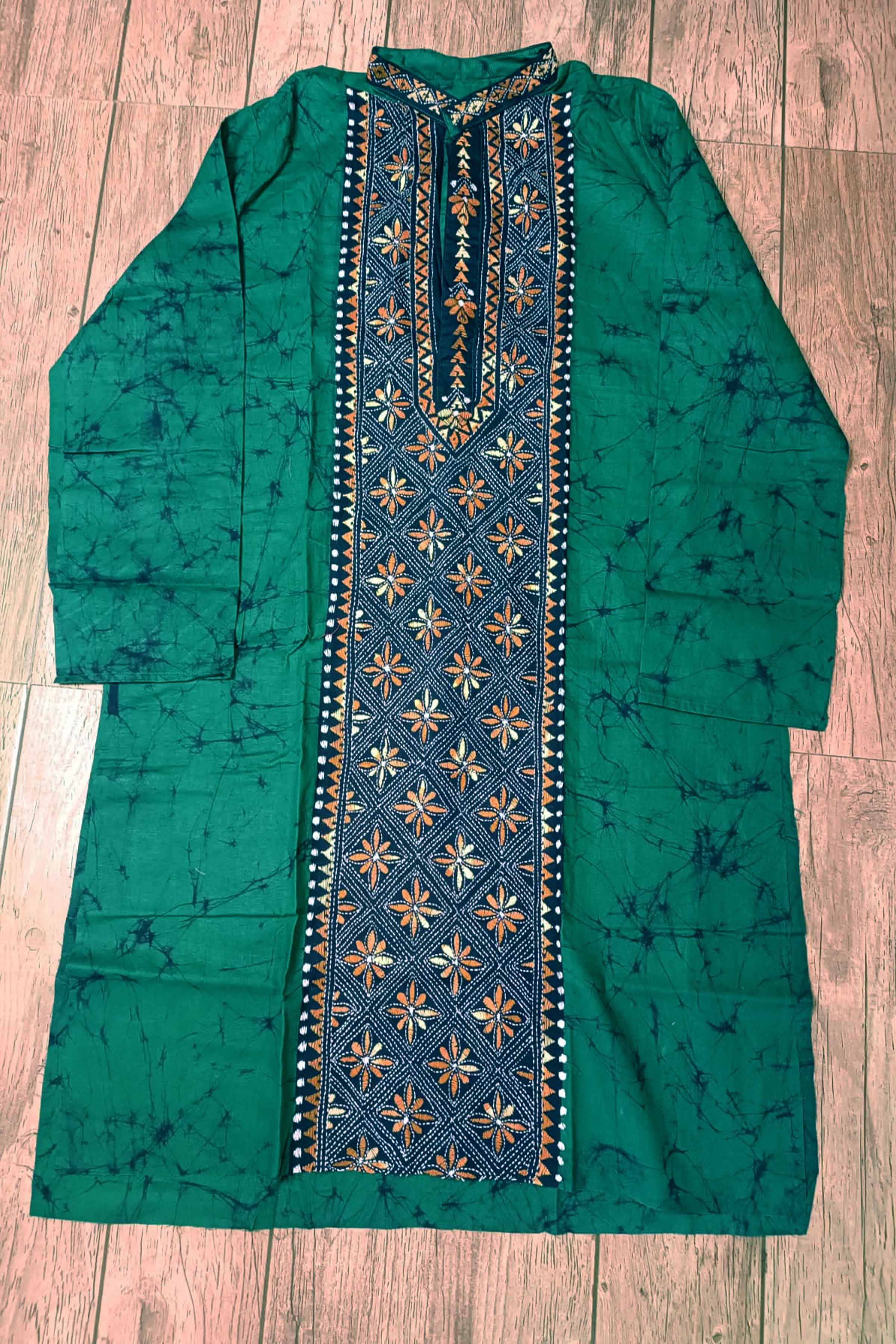 Green Pure Cotton Batik with Kantha Work (Hand Embroidery) Panjabi