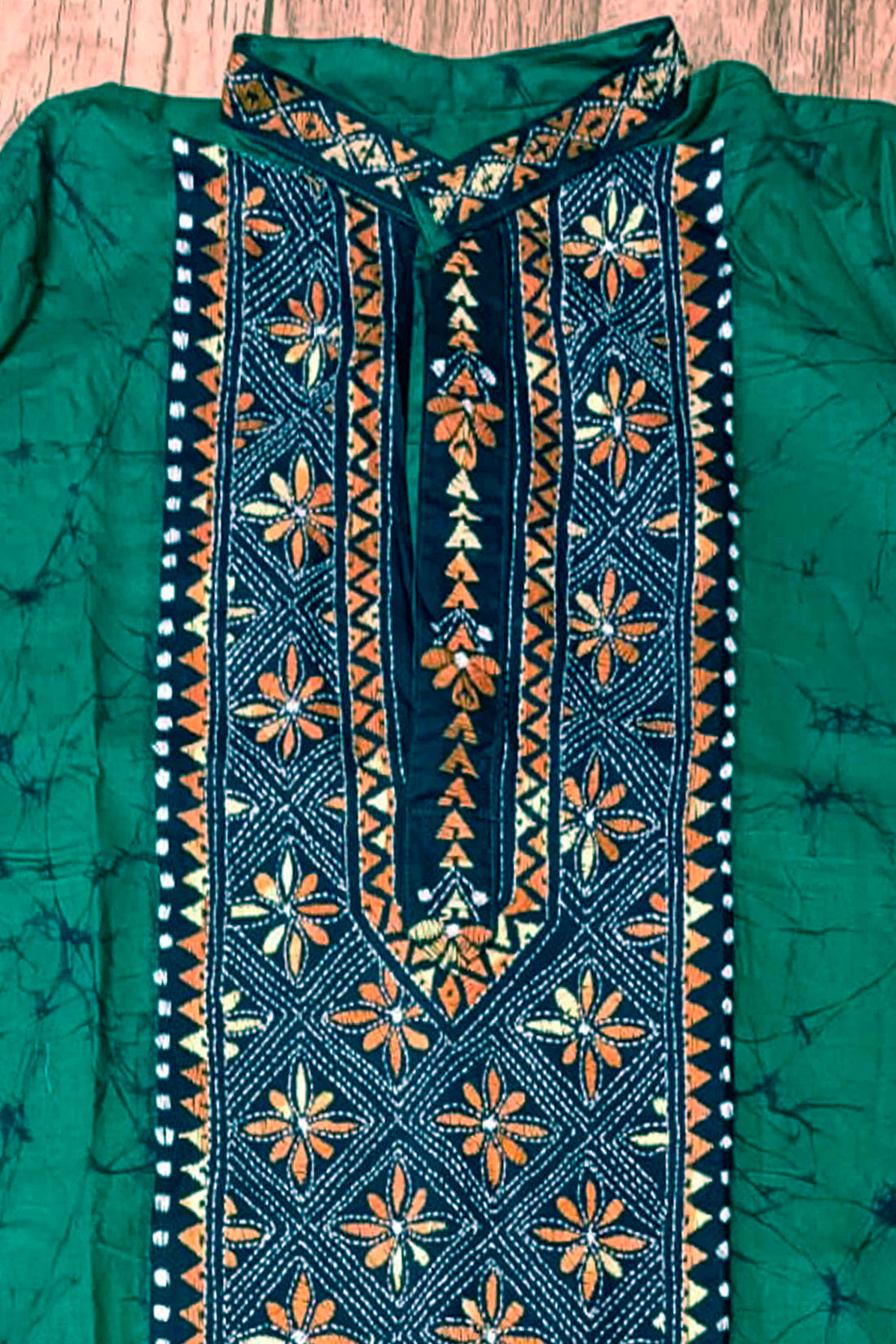 Green Pure Cotton Batik with Kantha Work (Hand Embroidery) Panjabi